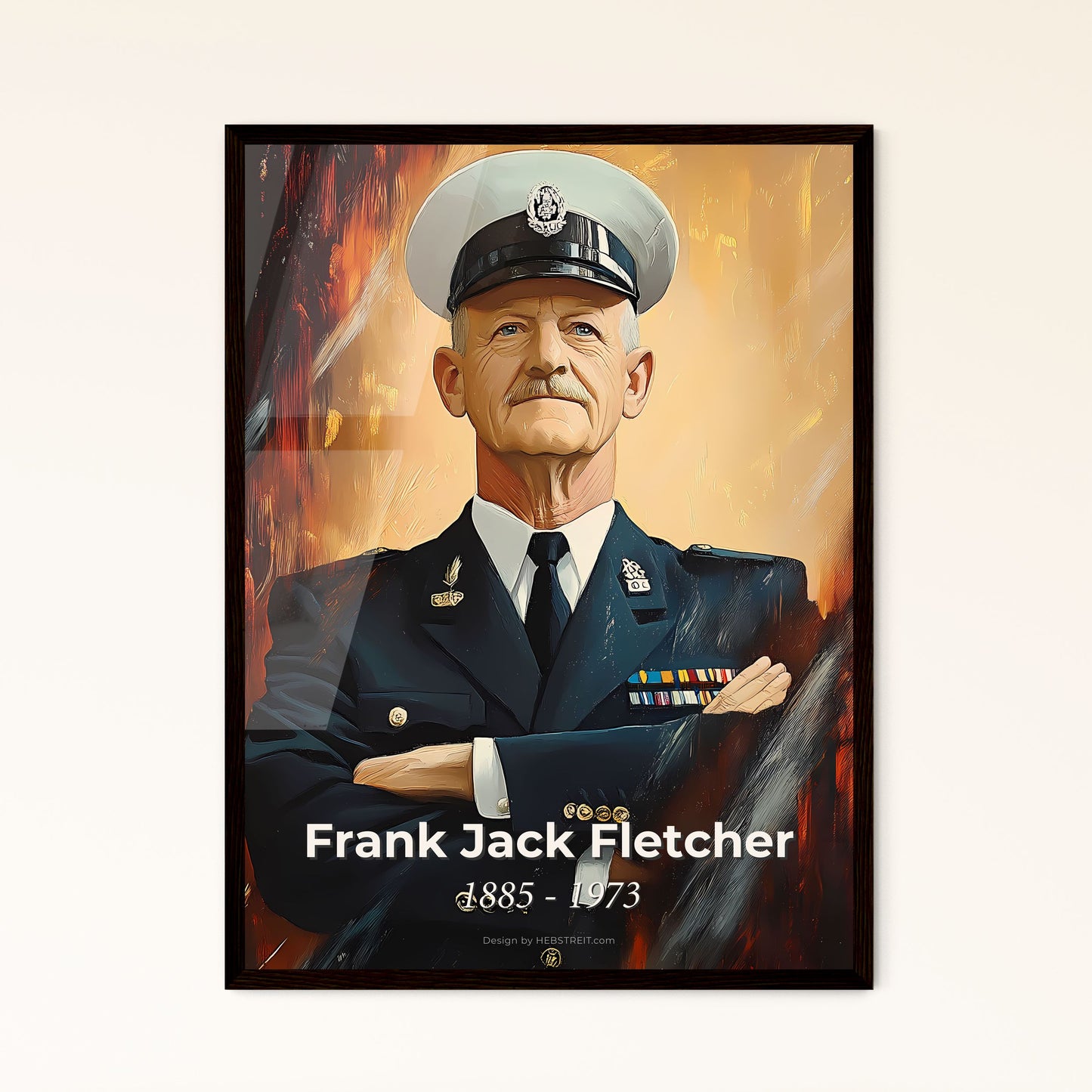 Portrait of Frank Jack Fletcher, 1885 - 1973. Impressionistic painting of a man in a uniform with his arms crossed.