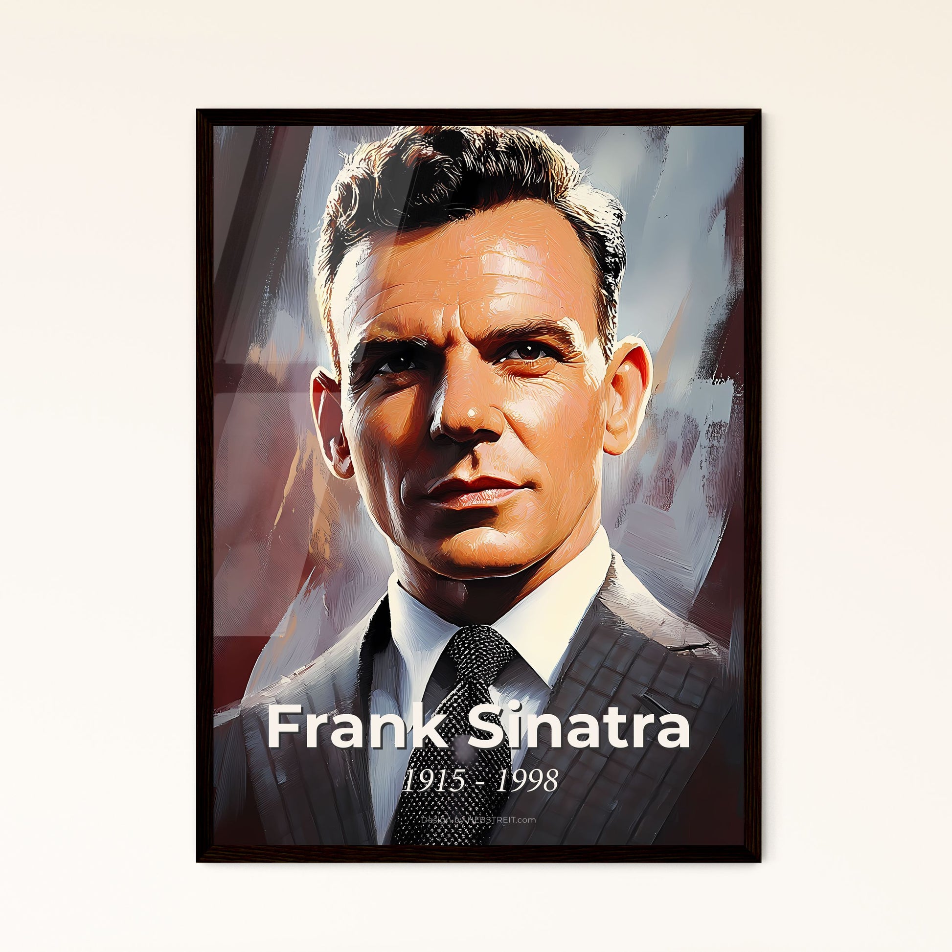 Portrait of Frank Sinatra, 1915 - 1998. Impressionistic painting of a man in a suit.