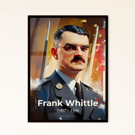 Portrait of Frank Whittle, 1907 - 1996. Impressionistic painting of a man in a uniform with a mustache.