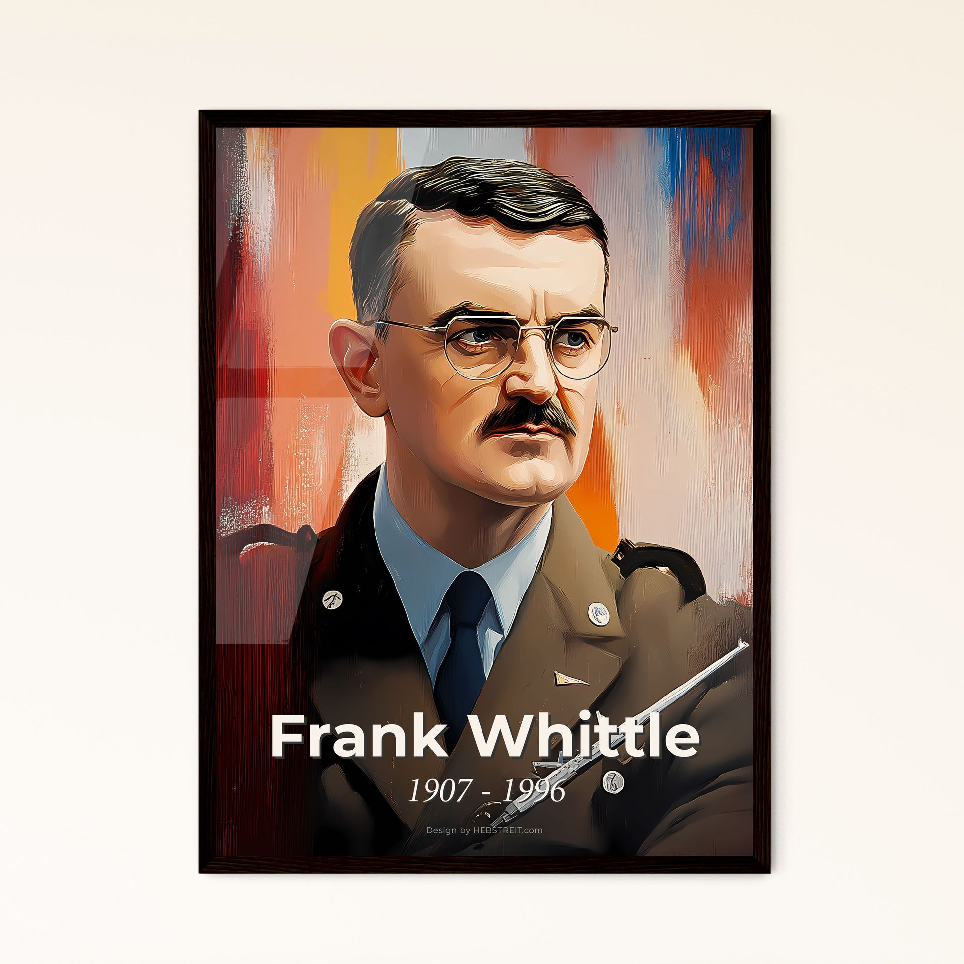 Portrait of Frank Whittle, 1907 - 1996. Impressionistic painting of a man in a military uniform.