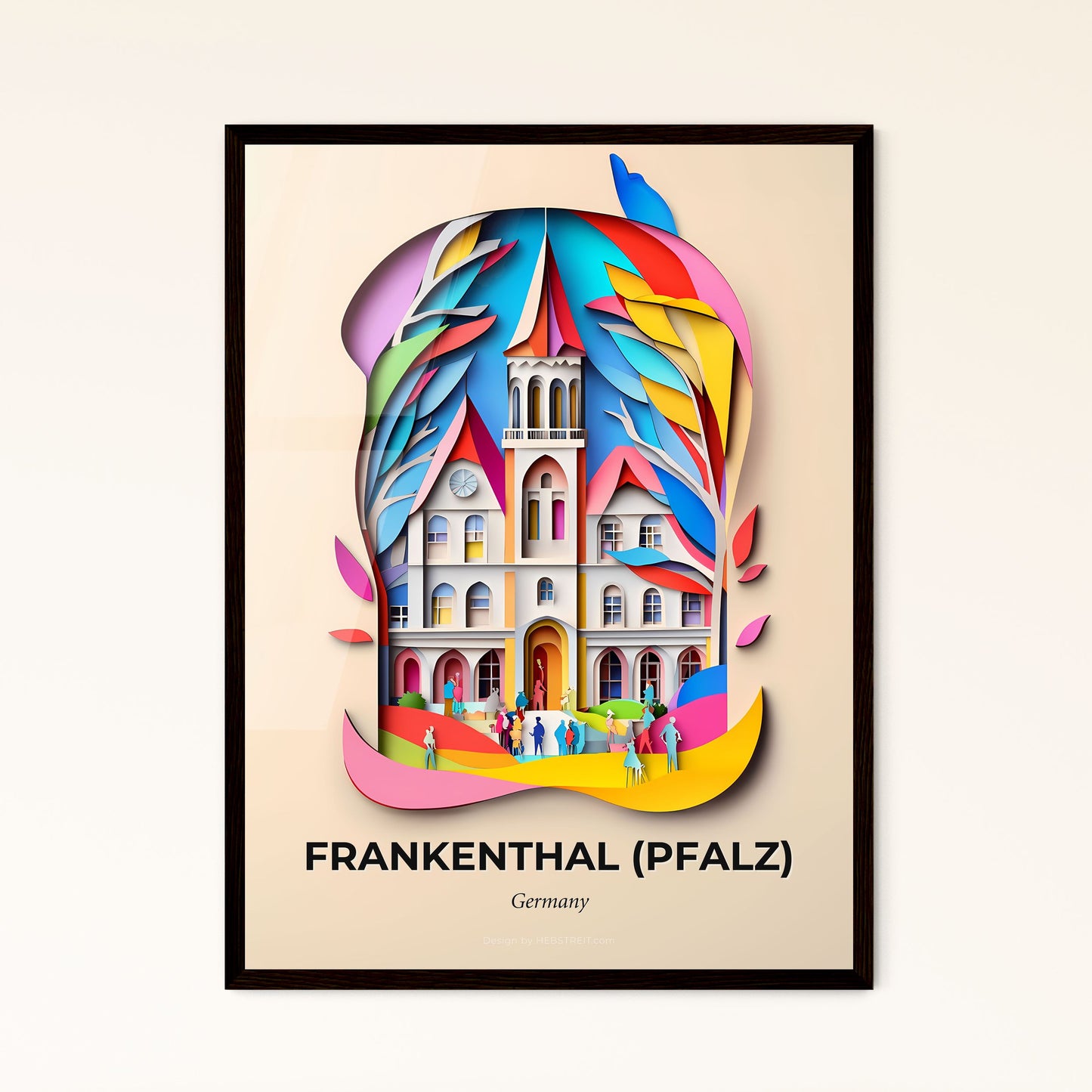 Vivid Frankenthal (Pfalz), Germany - a colorful paper cut of a church with people walking around