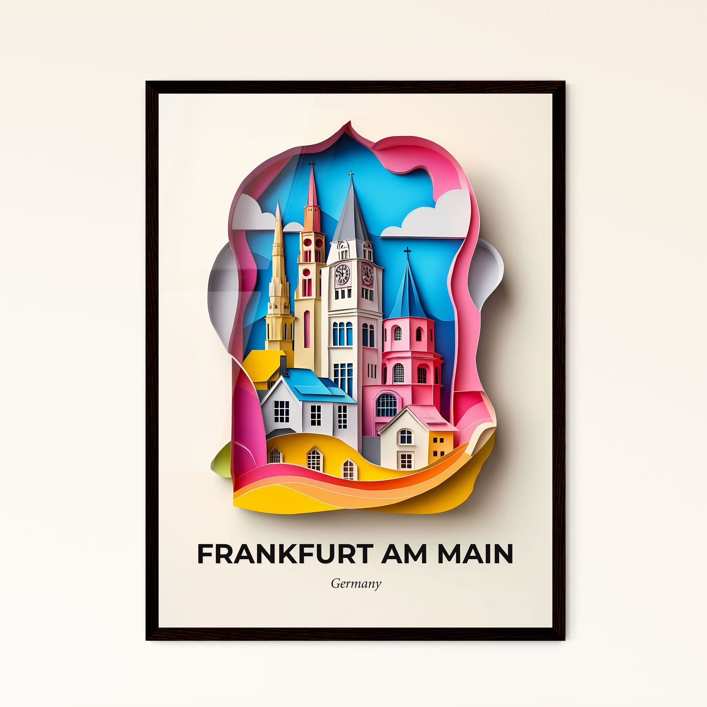 Vivid Frankfurt am Main, Germany - a paper cut of a city with a clock tower