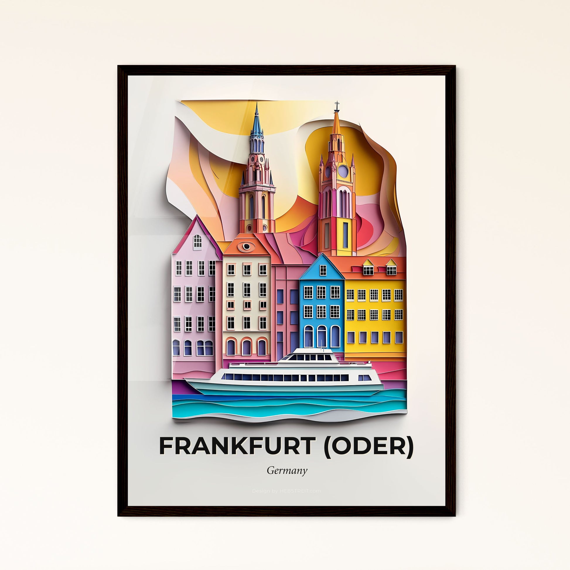 Vivid Frankfurt (Oder), Germany - a paper cut of a city with a boat