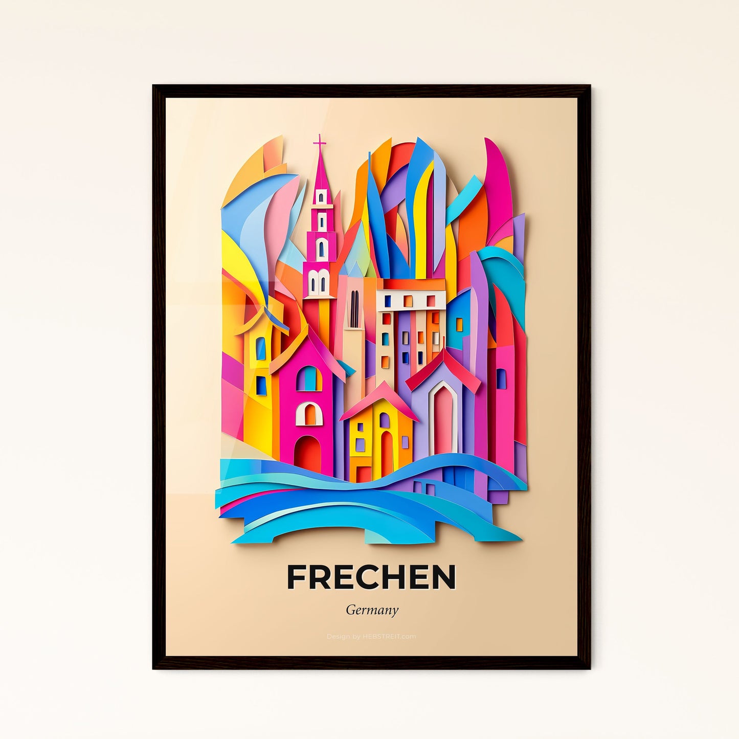 Vivid Frechen, Germany - a colorful city with a church and a rainbow colored sky