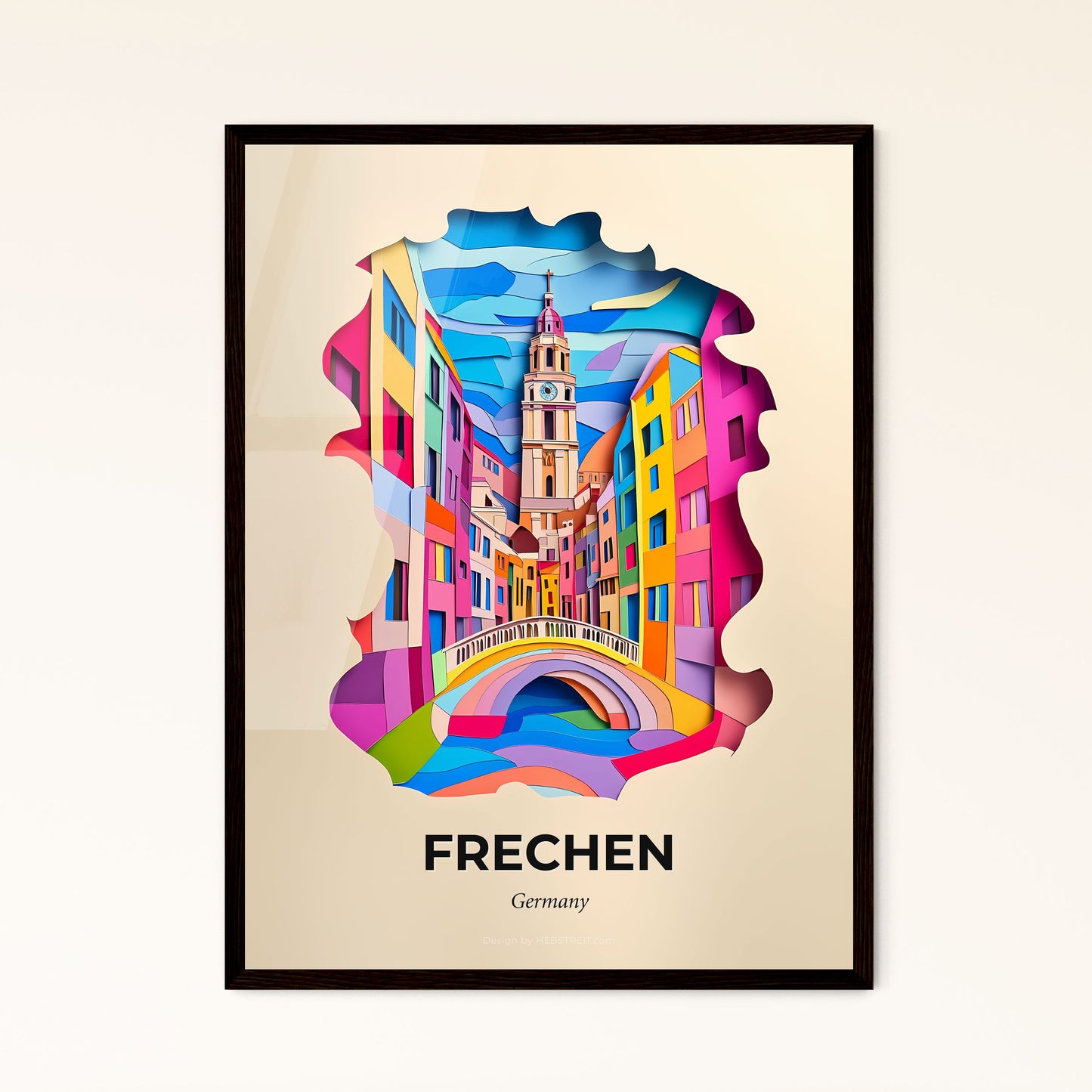 Vivid Frechen, Germany - a colorful city scene with a bridge and a clock tower