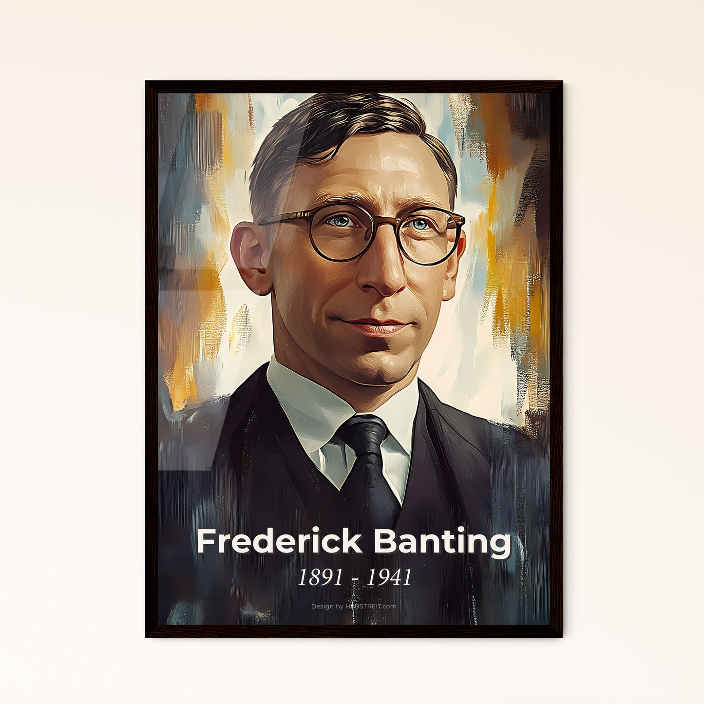 Portrait of Frederick Banting, 1891 - 1941. Impressionistic painting of a man in a suit and tie.