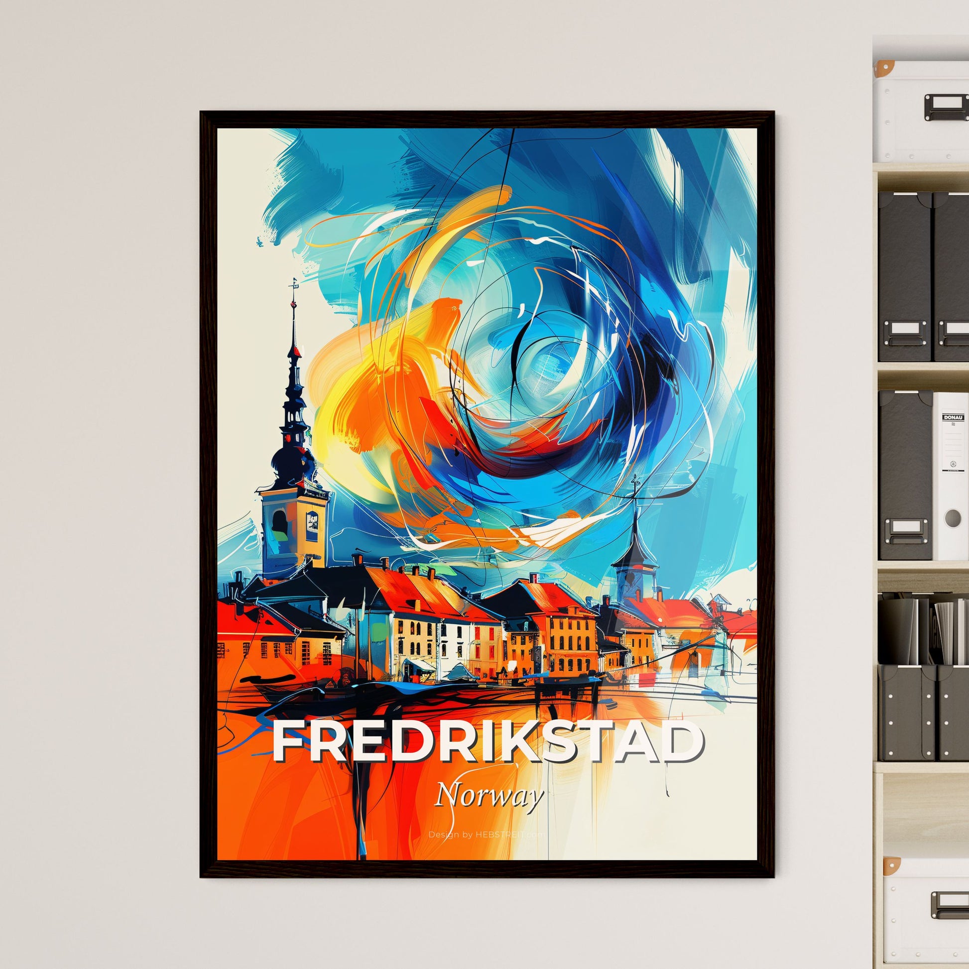 Vibrant Fredrikstad, Norway - A Painting Of A Town With A Tower And A Colorful Swirl