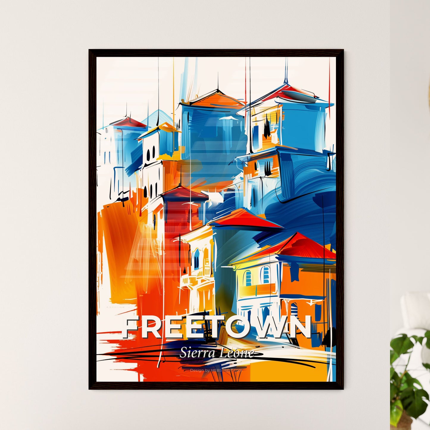 Vibrant Freetown, Sierra Leone - A Painting Of A Skyline With A Colorful Building