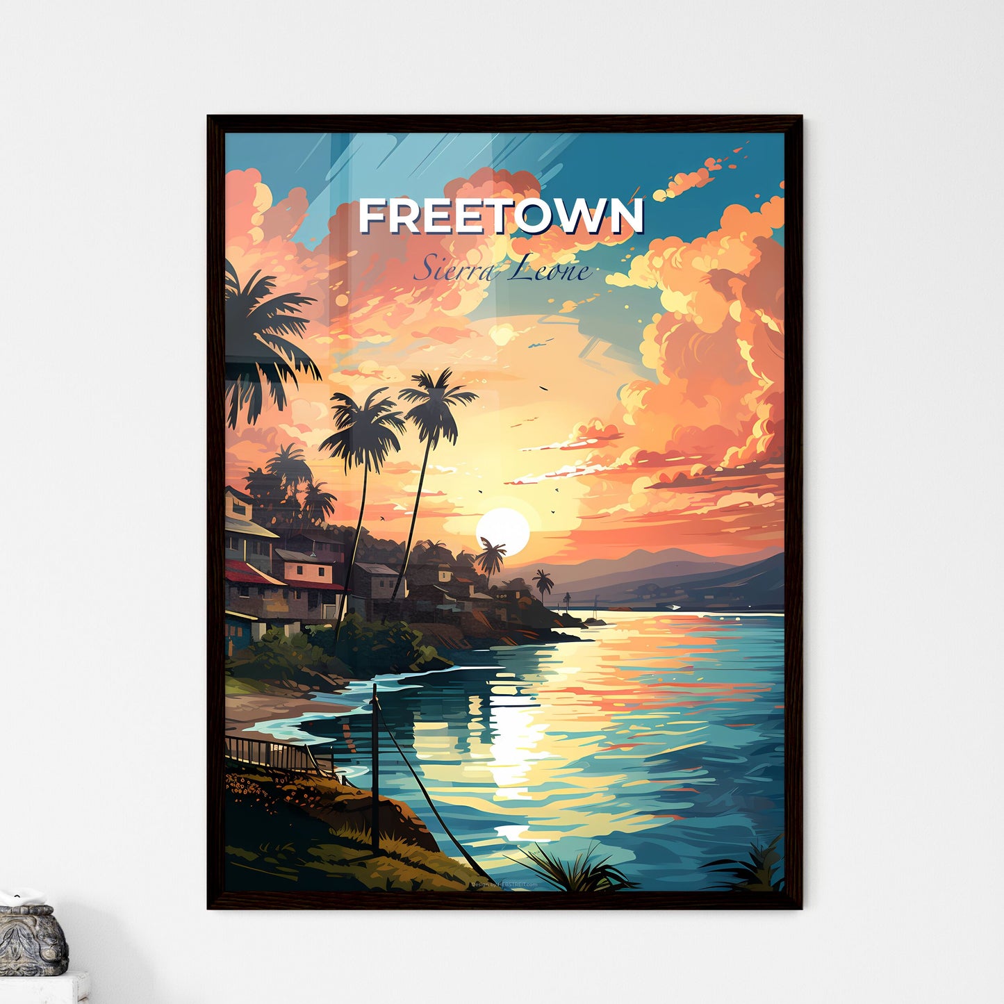 Vibrant Beach Skyline with Palm Trees and Sunset: Colorful Painted Artwork Default Title