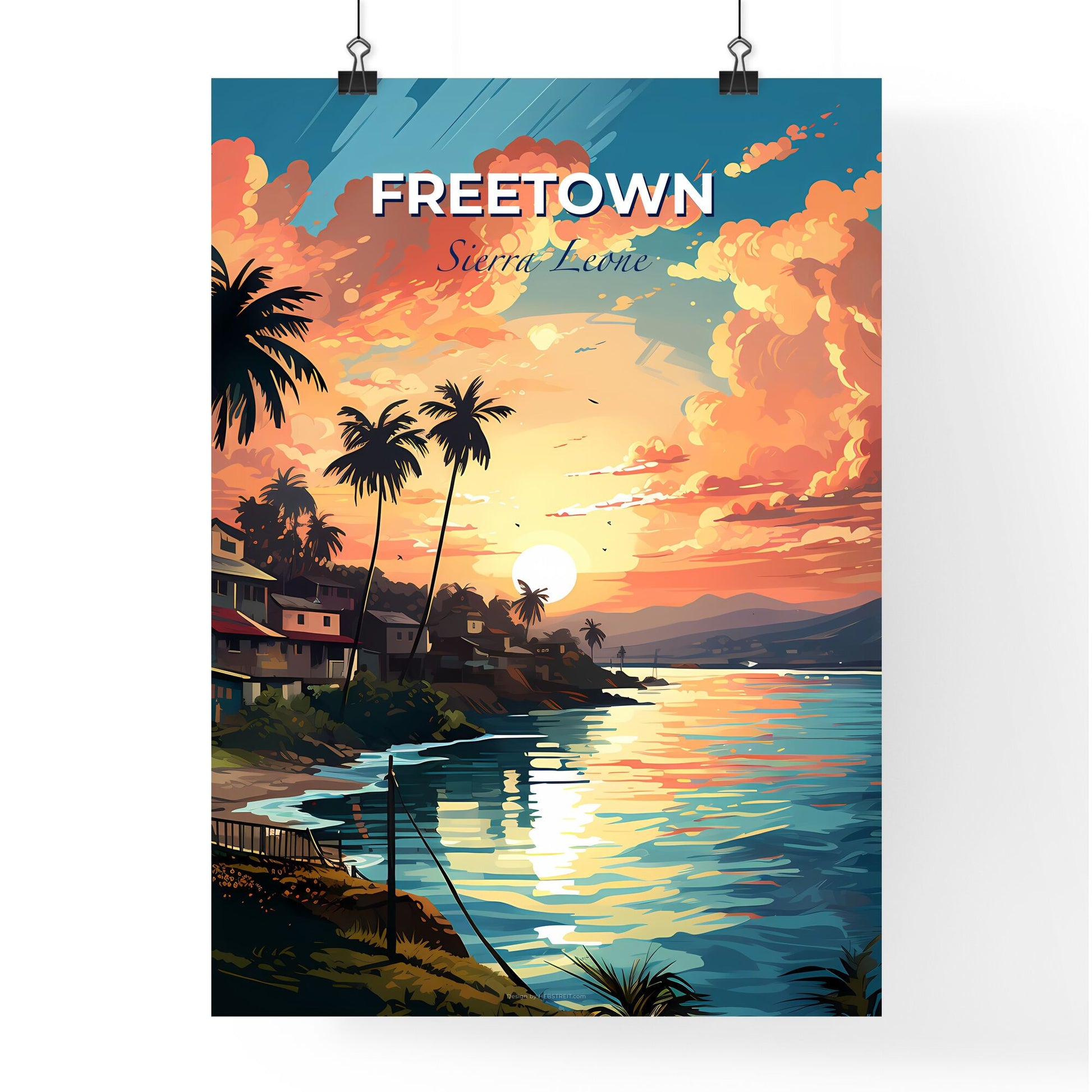 Vibrant Beach Skyline with Palm Trees and Sunset: Colorful Painted Artwork Default Title