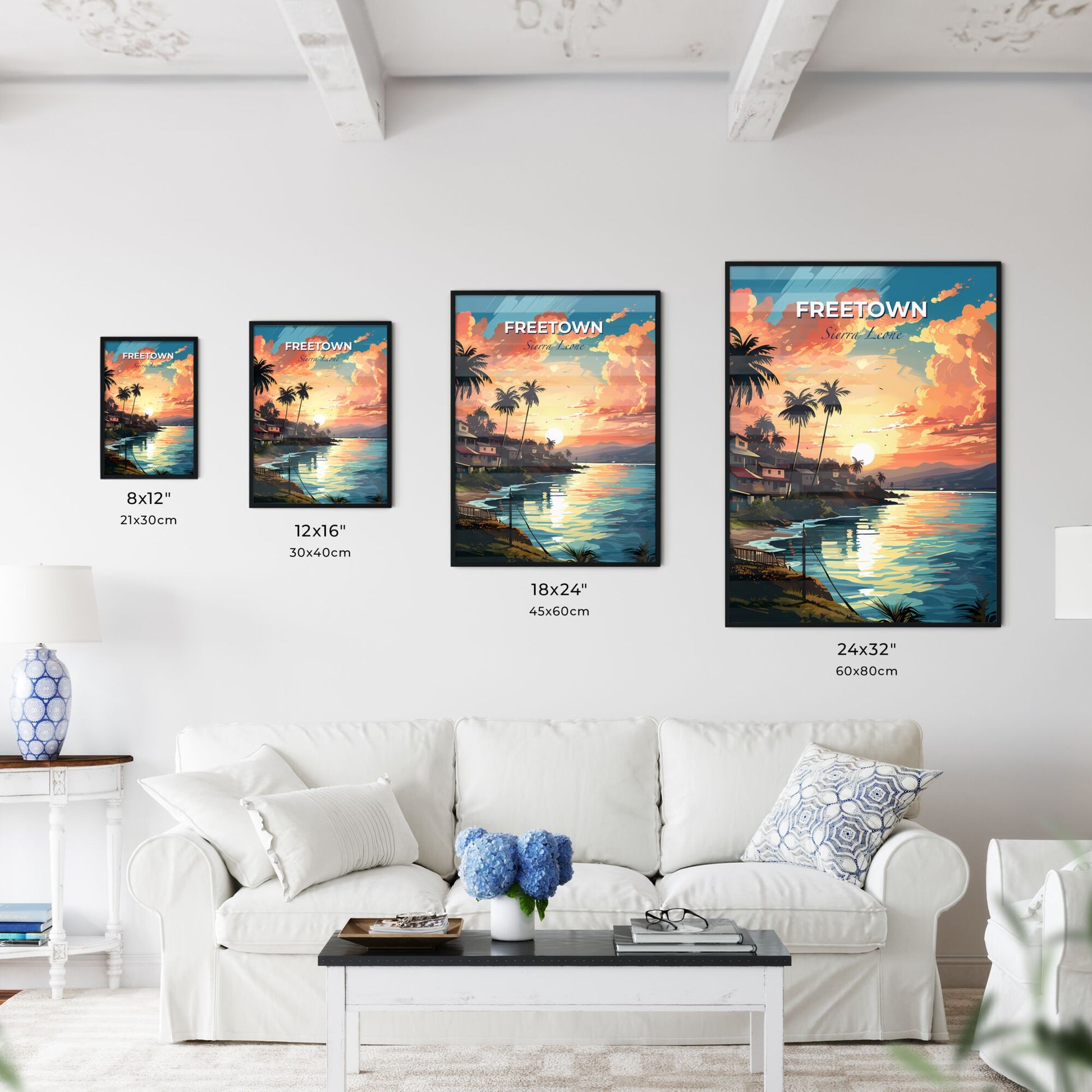 Vibrant Beach Skyline with Palm Trees and Sunset: Colorful Painted Artwork Default Title