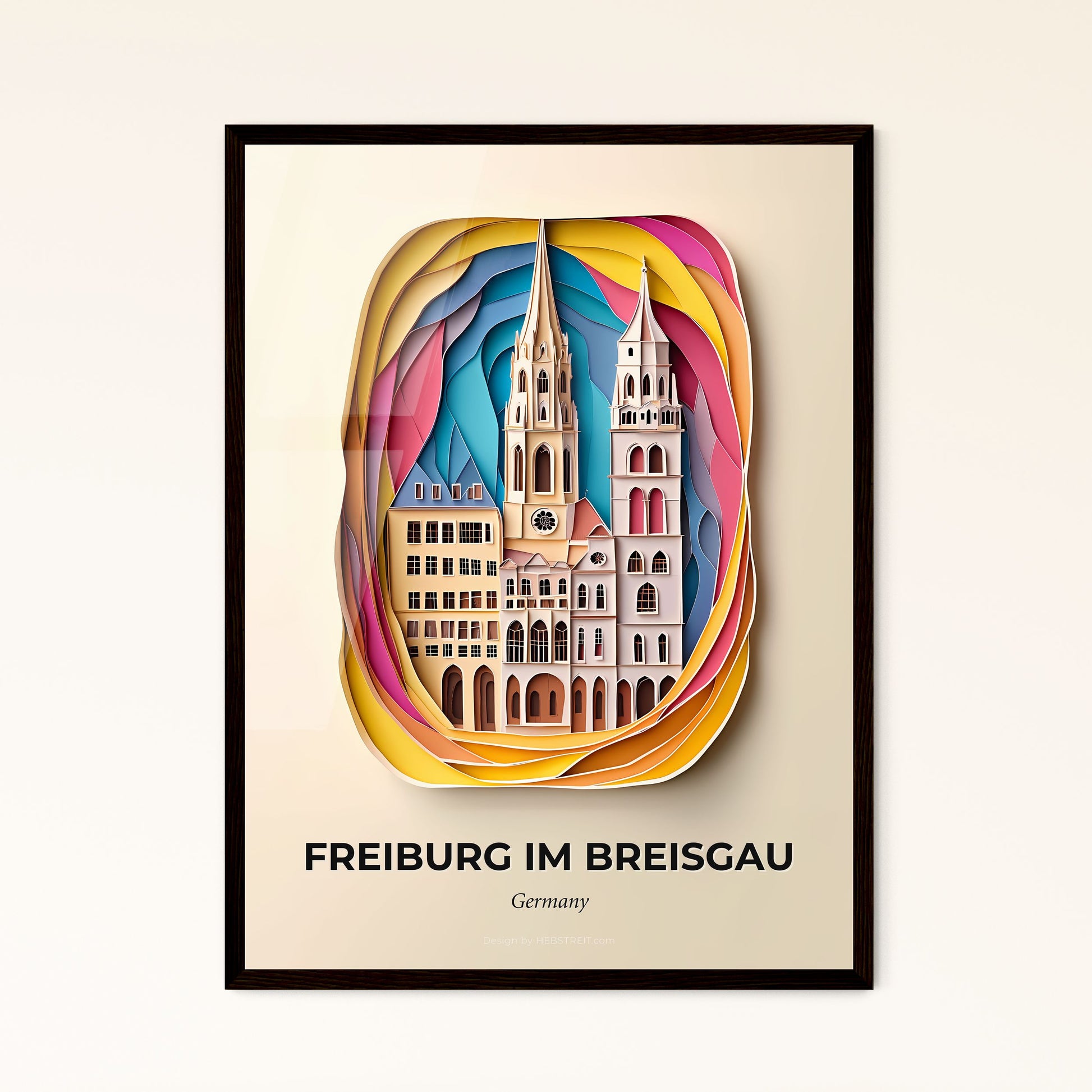 Vivid Freiburg im Breisgau, Germany - a paper cut of a church with a clock