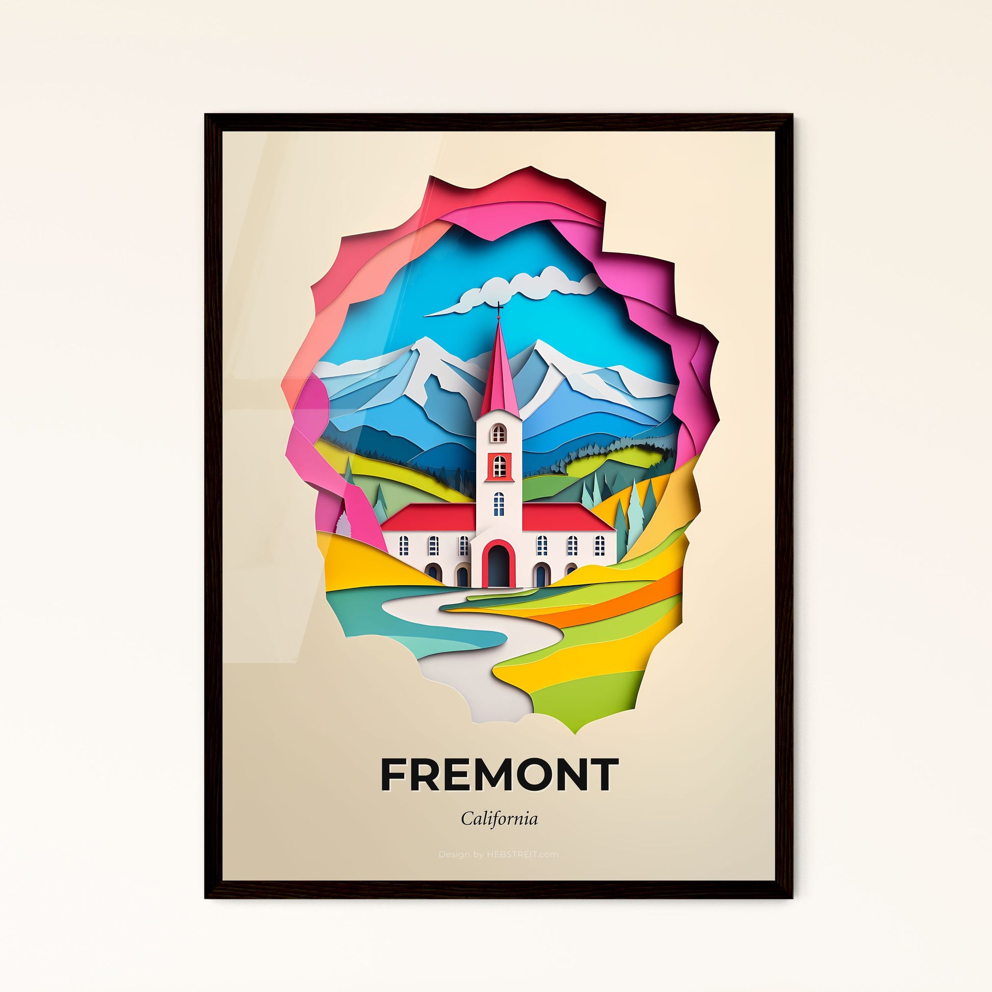 Vivid Fremont, California - a church with a steeple and a mountain in the background