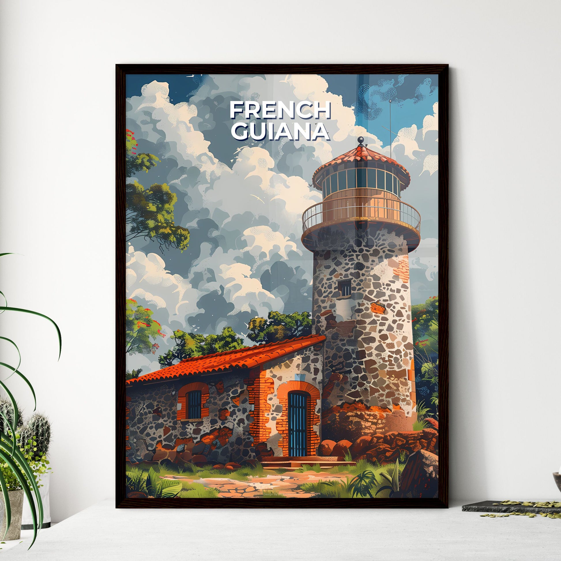 Vibrant Art Painting of a Towered Stone Building in French Guiana, South America Framed Art