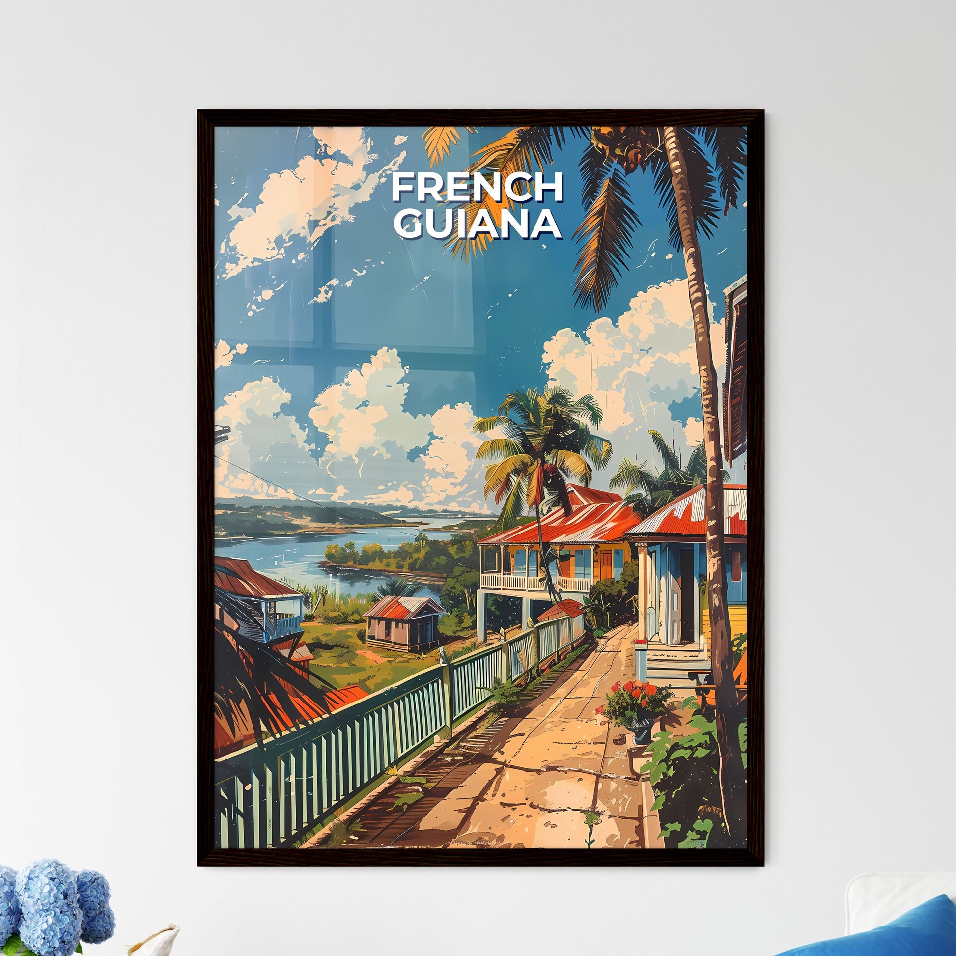 Vibrant Street Scene, Colorful Houses, French Guiana, South America, Artwork, Painting Framed Art