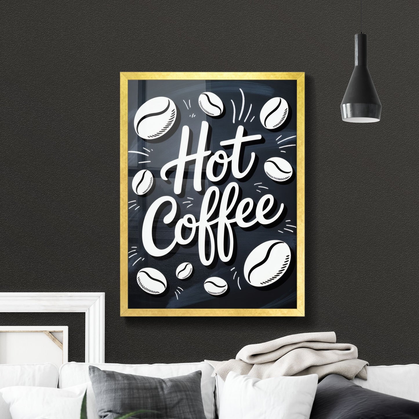 Freshly Brewed Hot Coffee with Coffee Beans in a Stylish, Artistic Design on a Chalkboard Background.