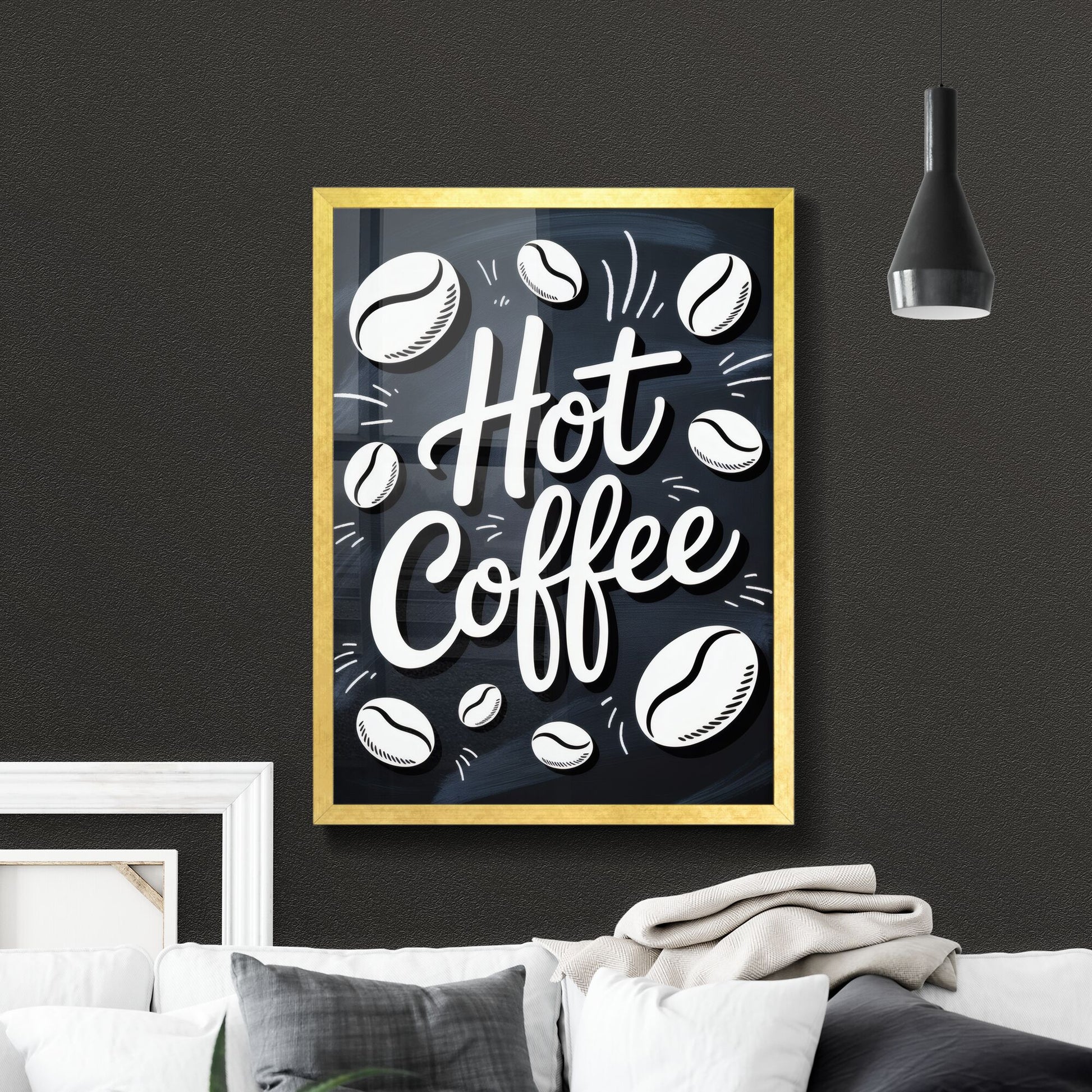 Freshly Brewed Hot Coffee with Coffee Beans in a Stylish, Artistic Design on a Chalkboard Background.