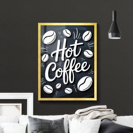 Freshly Brewed Hot Coffee with Coffee Beans in a Stylish, Artistic Design on a Chalkboard Background.