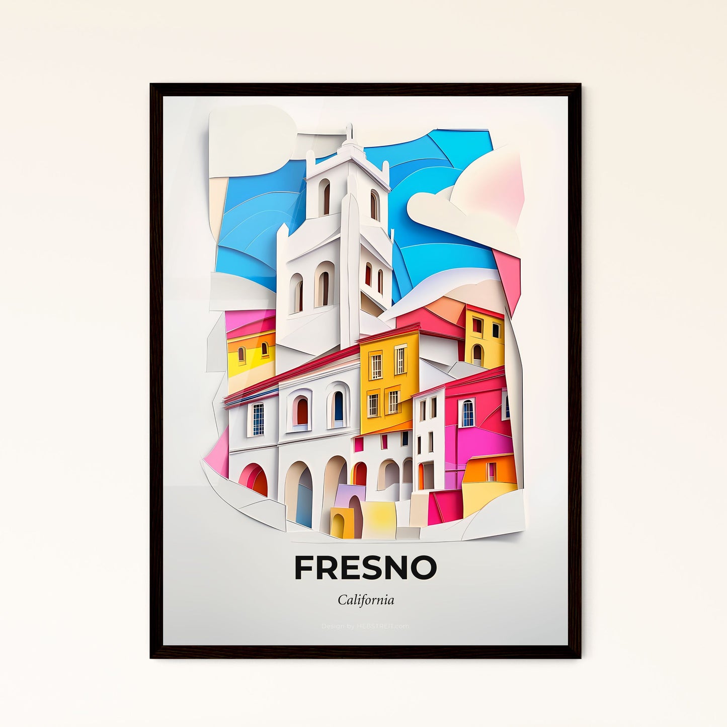 Vivid Fresno, California - a paper cut of a church with a clock on top