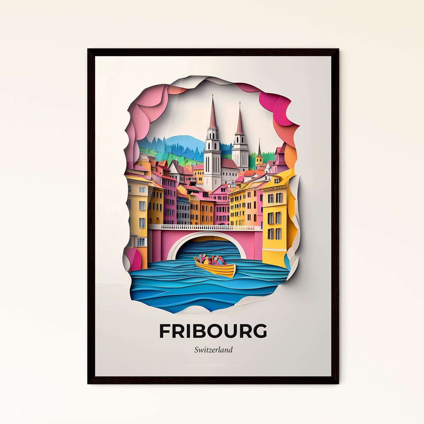 Vivid Fribourg, Switzerland - a paper cut of a city with a boat