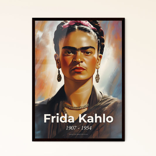 Portrait of Frida Kahlo, 1907 - 1954. Impressionistic painting of a painting of a woman with braids.