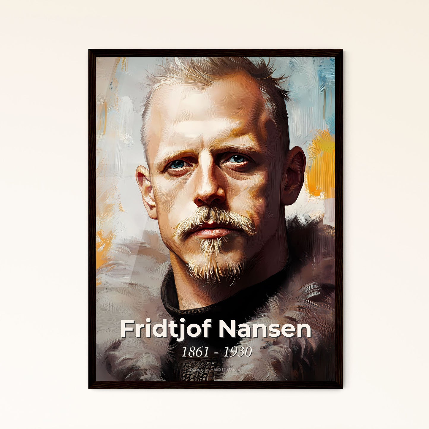 Portrait of Fridtjof Nansen, 1861 - 1930. Impressionistic painting of a man with a beard and mustache wearing a fur coat.