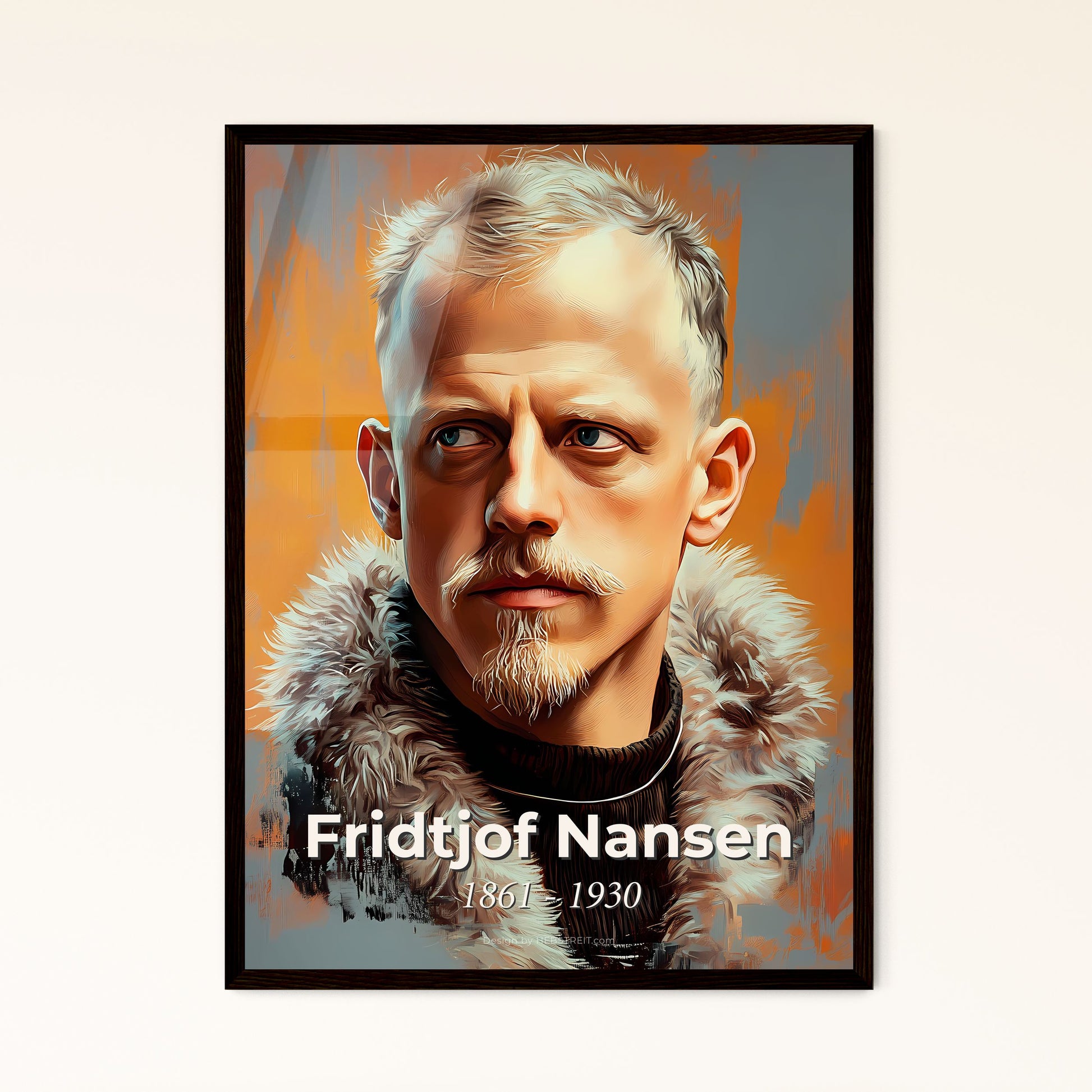 Portrait of Fridtjof Nansen, 1861 - 1930. Impressionistic painting of a man with a beard and mustache wearing a fur coat.