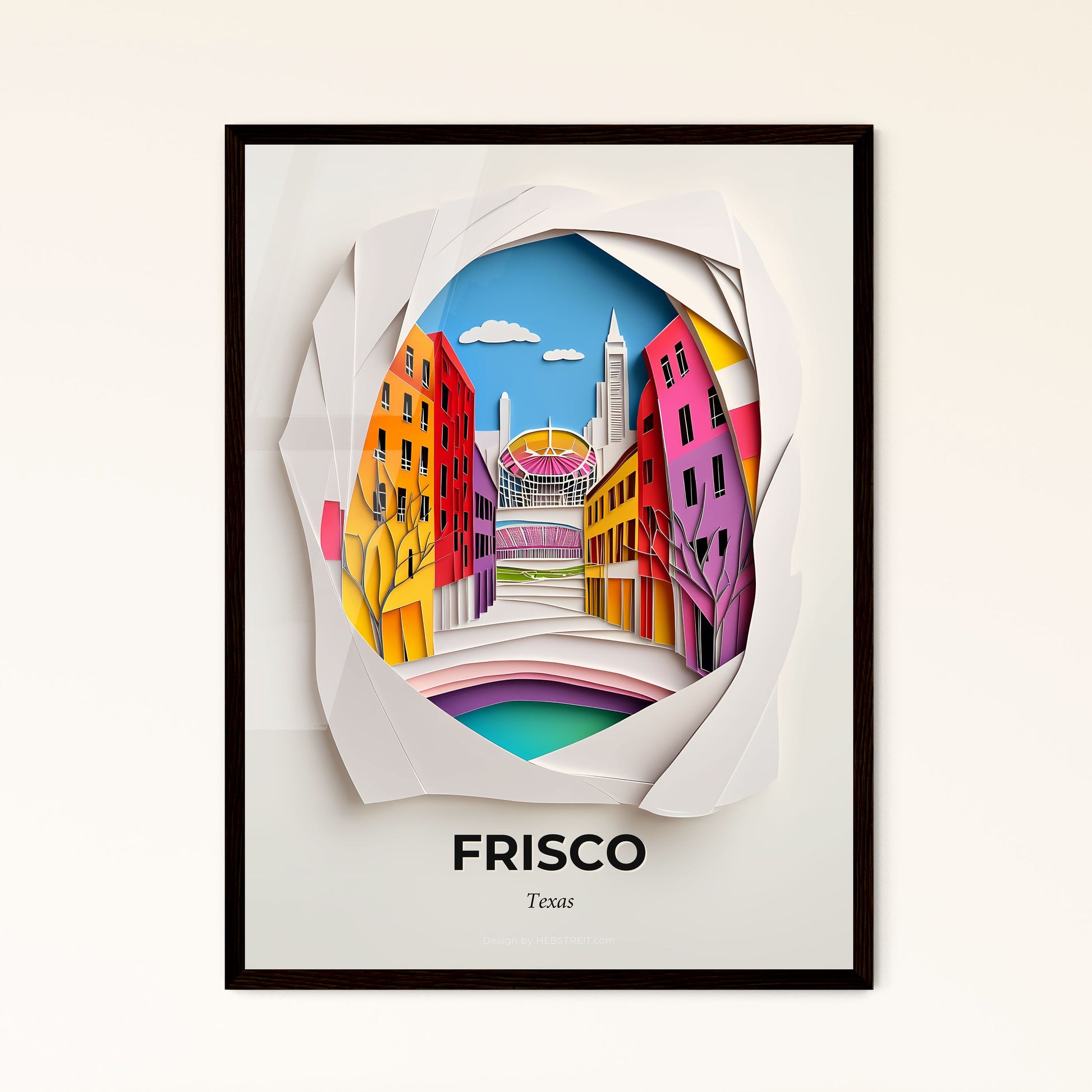 Vivid Frisco, Texas - a paper cut of a city with a bridge