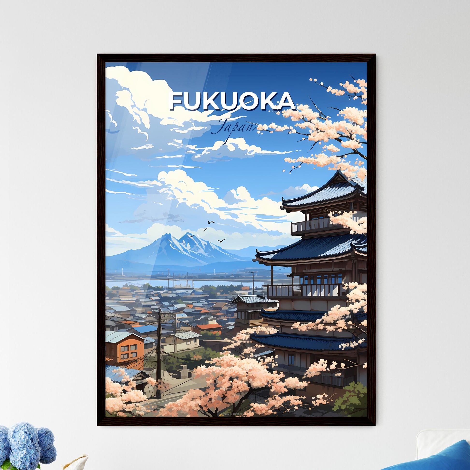 Fukuoka Japan Skyline Painting - Vibrant Pagoda Cherry Blossoms Vibrant Cityscape Artwork Default Title