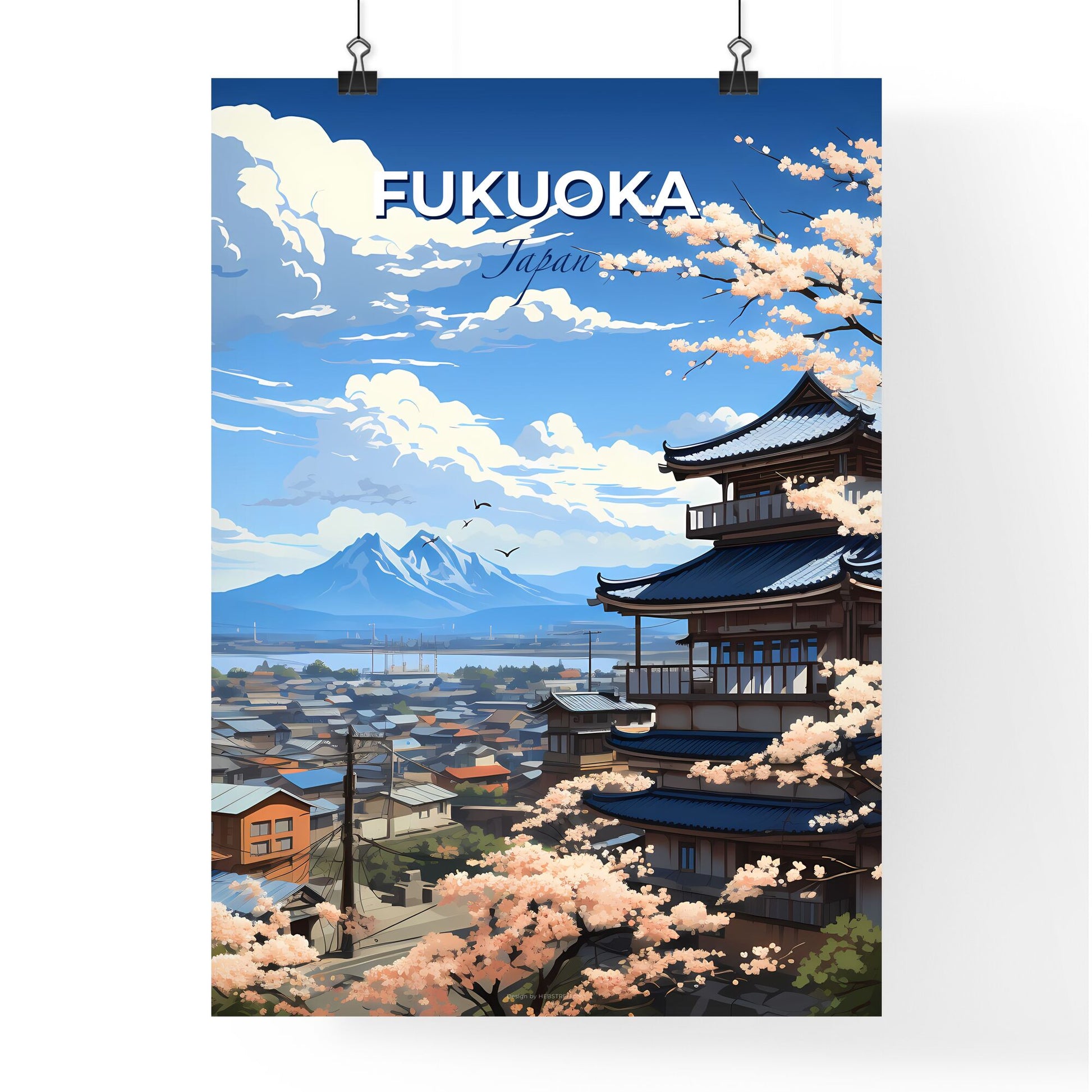 Fukuoka Japan Skyline Painting - Vibrant Pagoda Cherry Blossoms Vibrant Cityscape Artwork Default Title