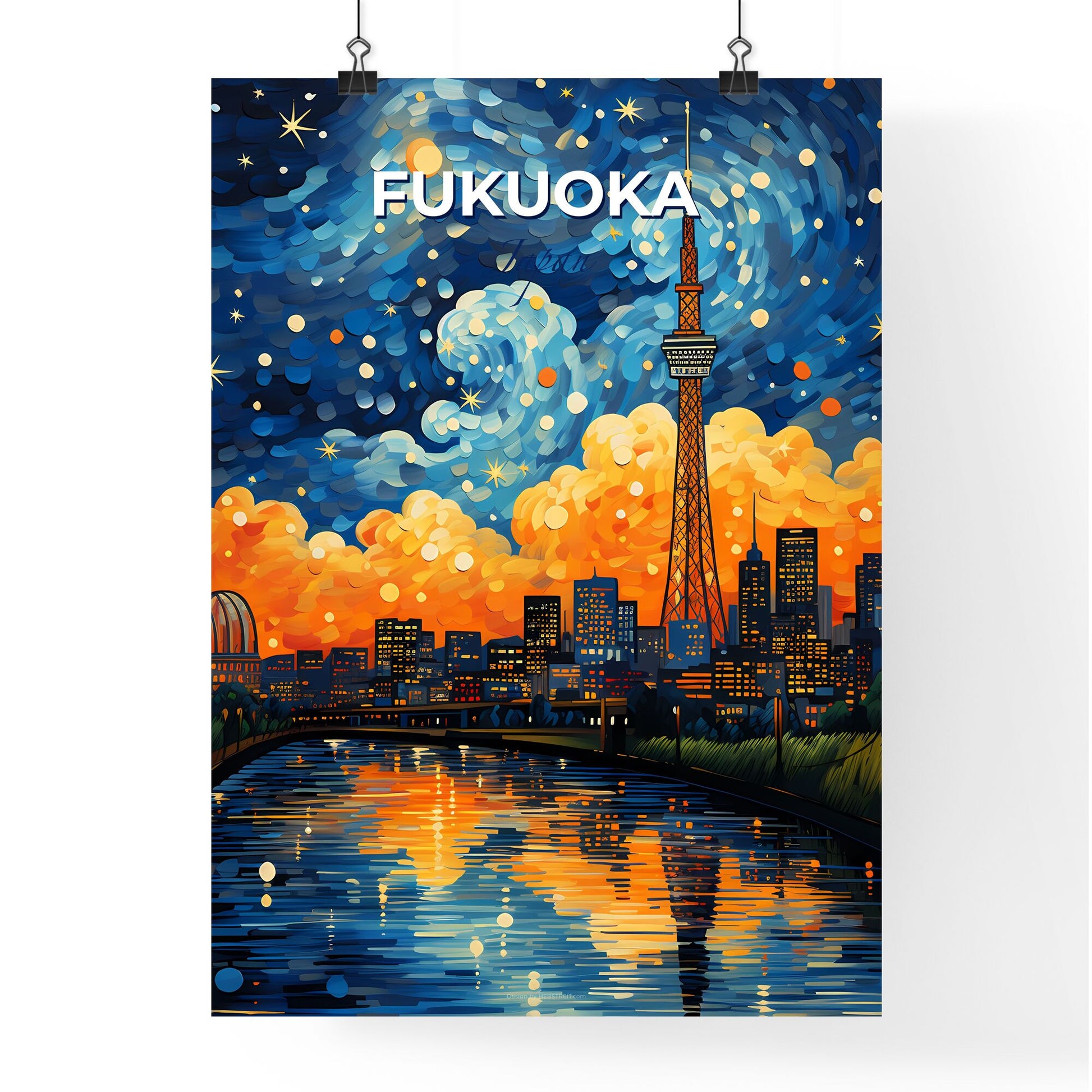 Vibrant City Painting: Fukuoka Skyline Tower Panorama Default Title