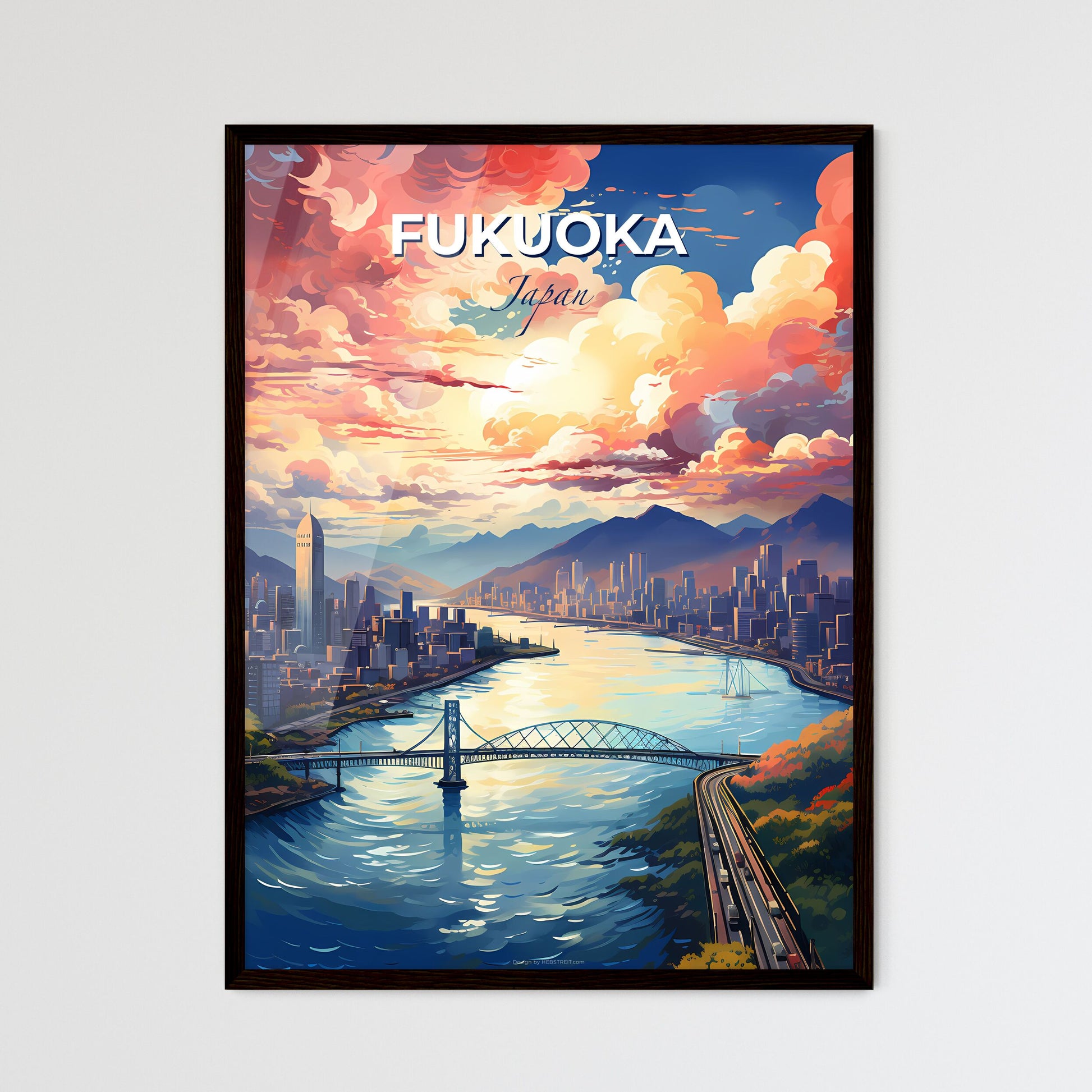 Fukuoka City Skyline River Bridge Artwork Urban Landscape Cityscape Vibrant Colorful Painting Default Title