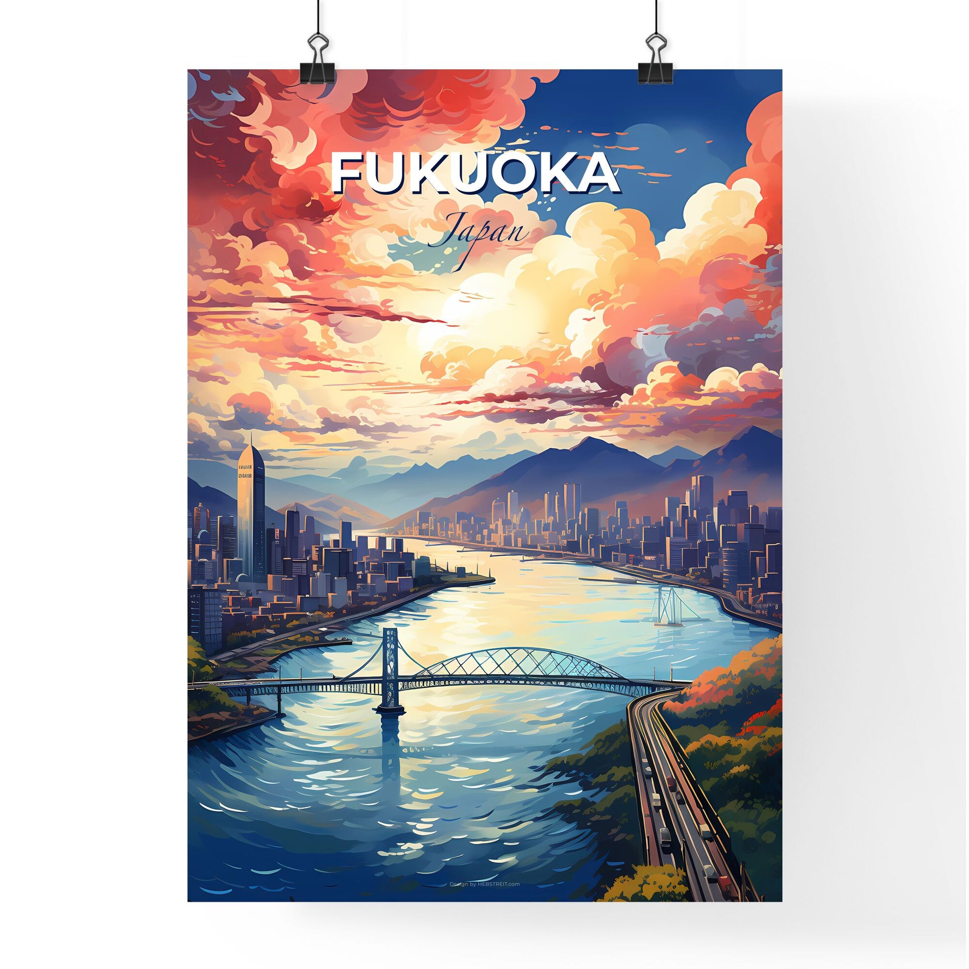 Fukuoka City Skyline River Bridge Artwork Urban Landscape Cityscape Vibrant Colorful Painting Default Title