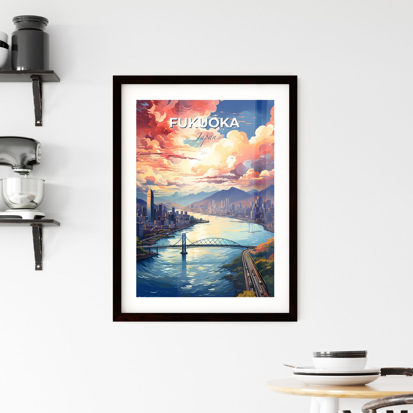 Fukuoka City Skyline River Bridge Artwork Urban Landscape Cityscape Vibrant Colorful Painting Default Title