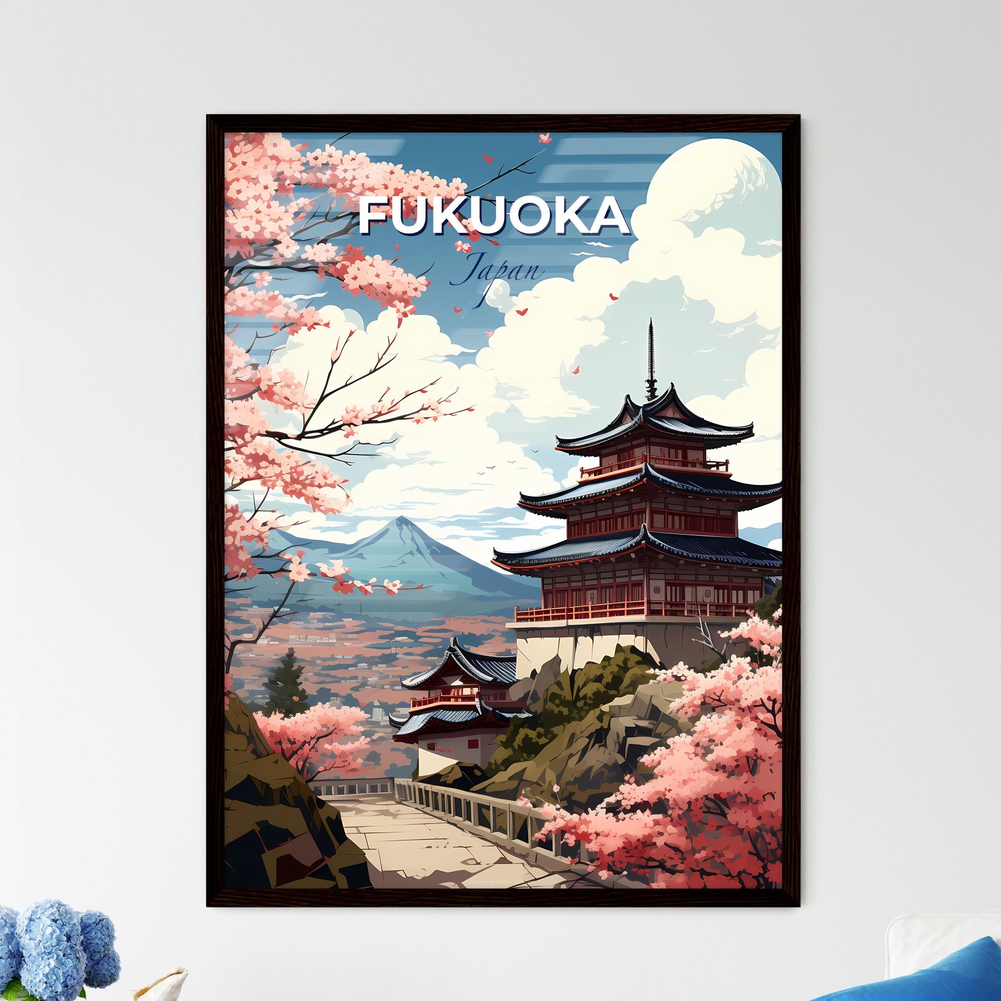 Pagoda Skyline in Fukuoka Japan - Vibrant Painting with Pink Blossoms Default Title