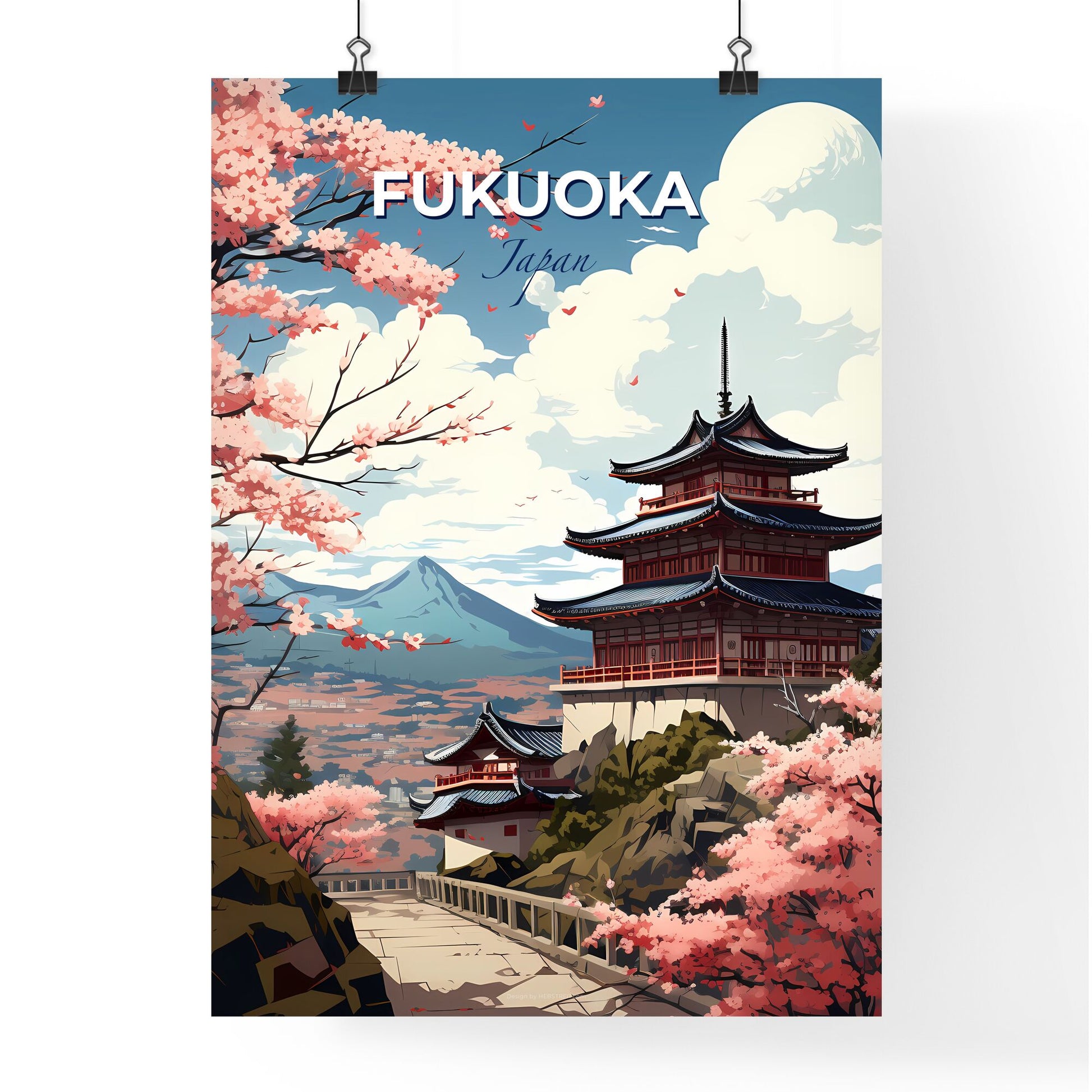 Pagoda Skyline in Fukuoka Japan - Vibrant Painting with Pink Blossoms Default Title