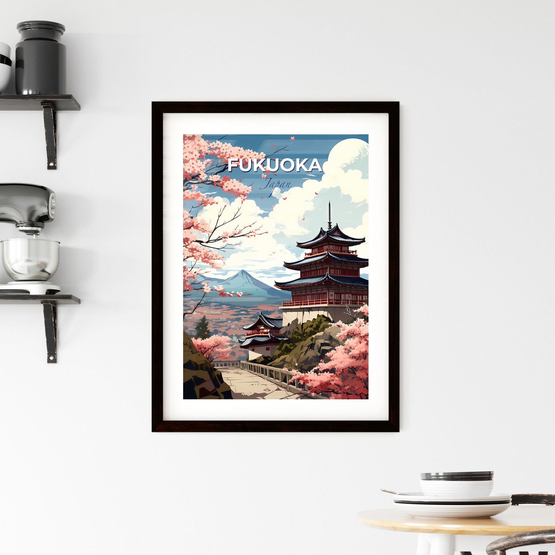 Pagoda Skyline in Fukuoka Japan - Vibrant Painting with Pink Blossoms Default Title