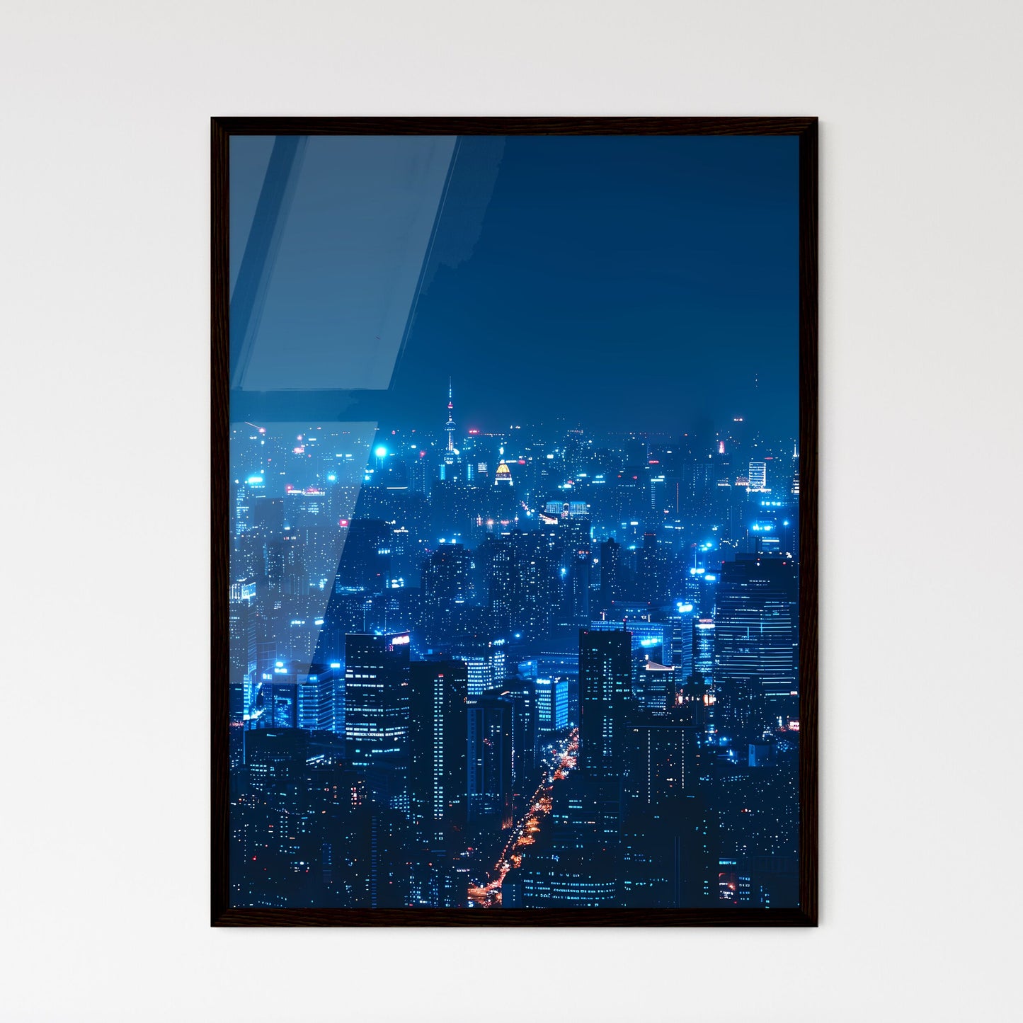 Minimalist Night Metropolis Panorama with Illuminated Skyscrapers in Blue and White X-ray Style on Black Background, Smart City, 32K, Shanghai Framed Art