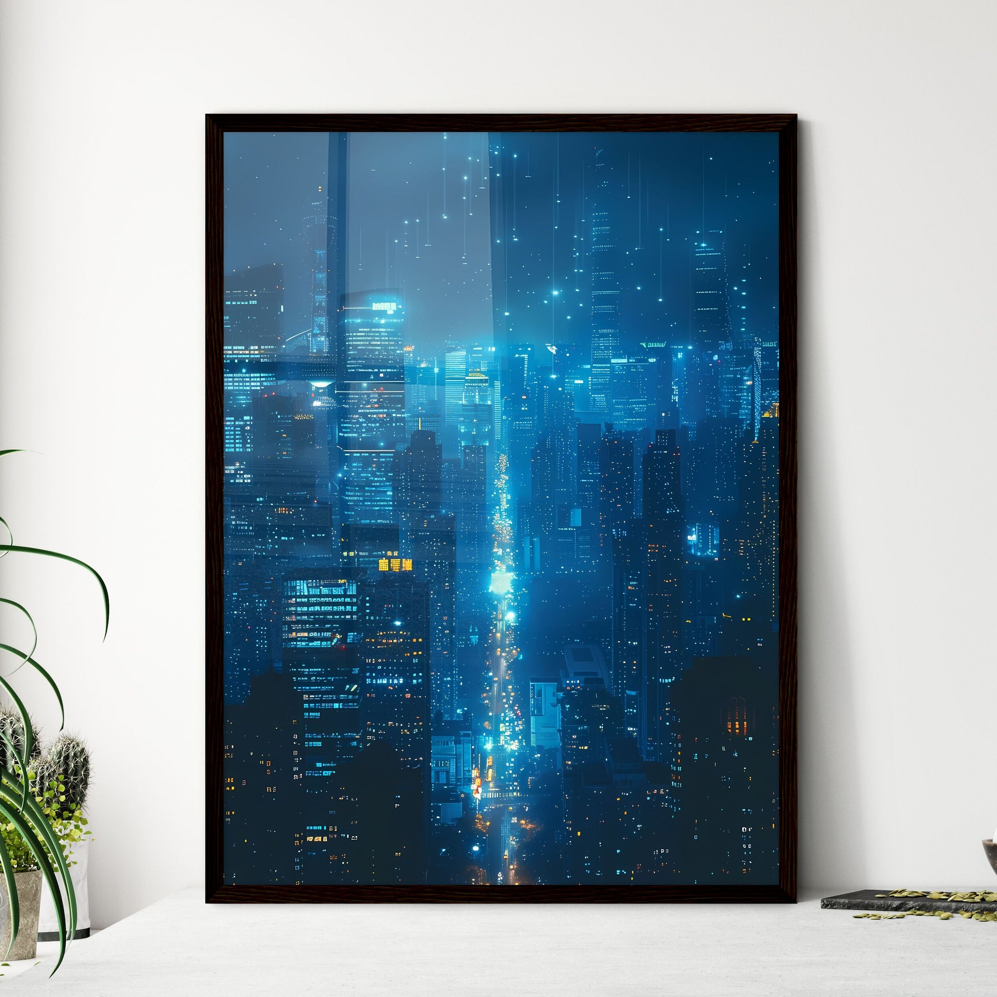 Light Blue and White Minimalist Architecture Painting of Shanghai City Skyline at Night in Low Detail X-ray Style with Black Background in 32K Resolution Framed Art