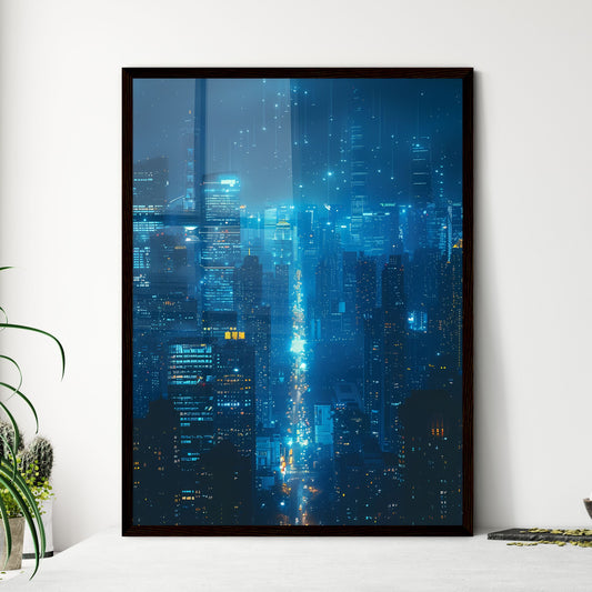 Light Blue and White Minimalist Architecture Painting of Shanghai City Skyline at Night in Low Detail X-ray Style with Black Background in 32K Resolution Framed Art