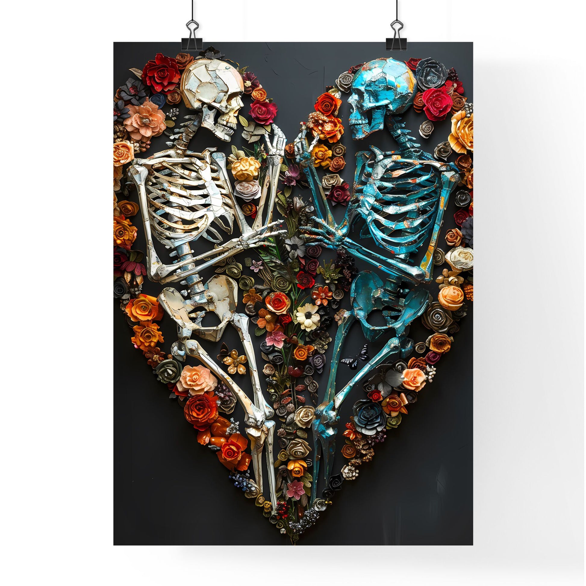 Floral Pop Art Heart Skeleton Embrace with Museum Pop Culture Backdrop, Botanical Bohemian Art Inspired by Frazetta and Wrightson Default Title