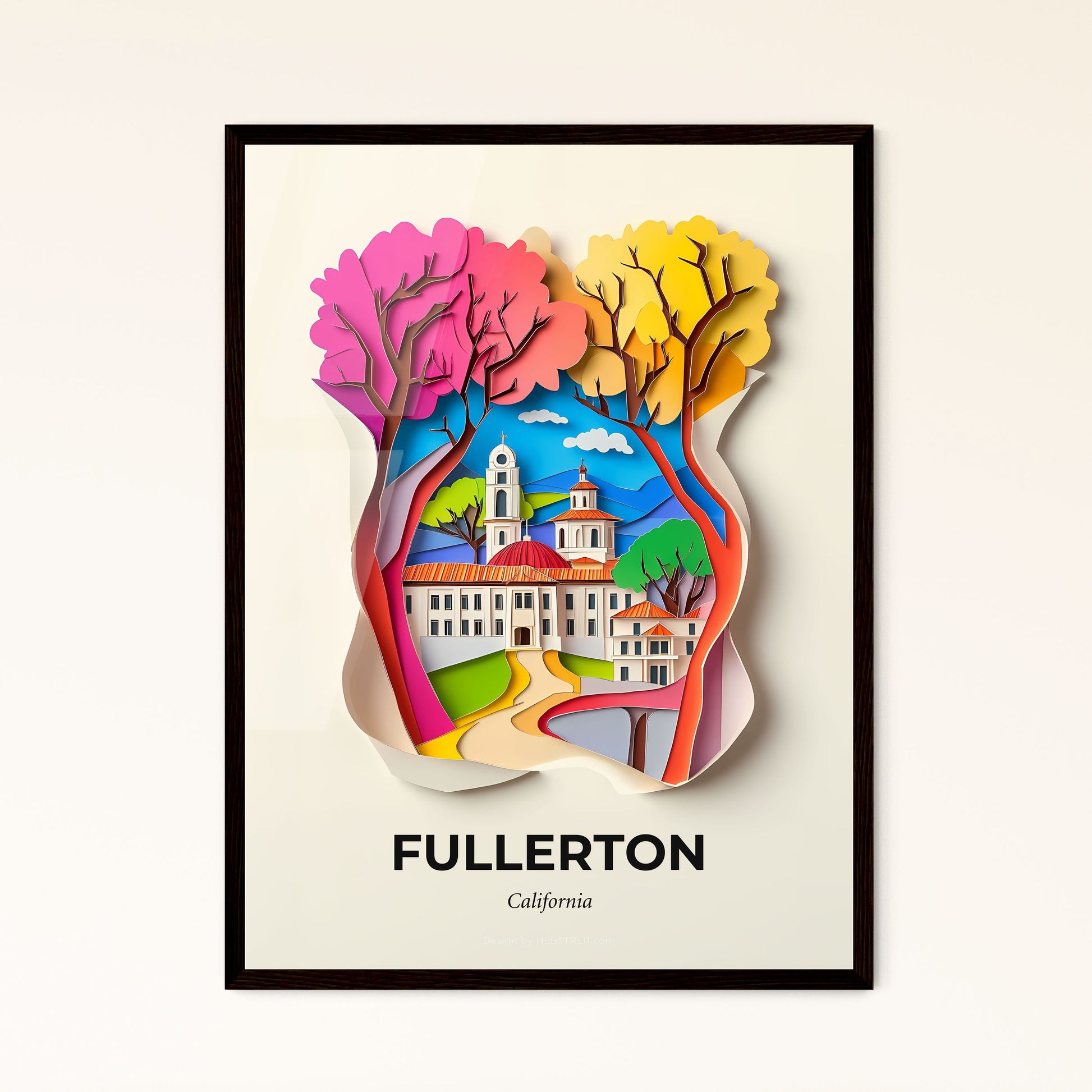 Vivid Fullerton, California - a paper cut of a church and trees