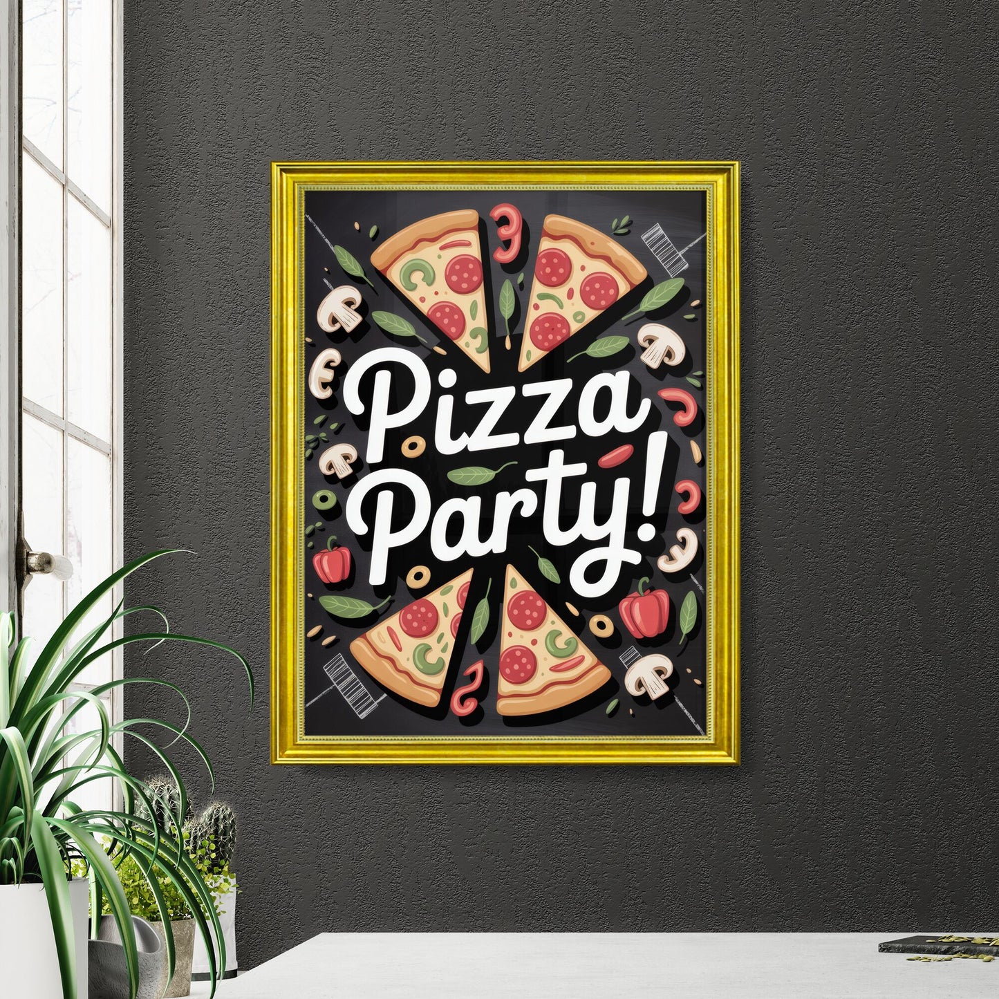 Fun and Engaging Pizza Party Celebration Illustration with Tasty Ingredients and Bold Typography.