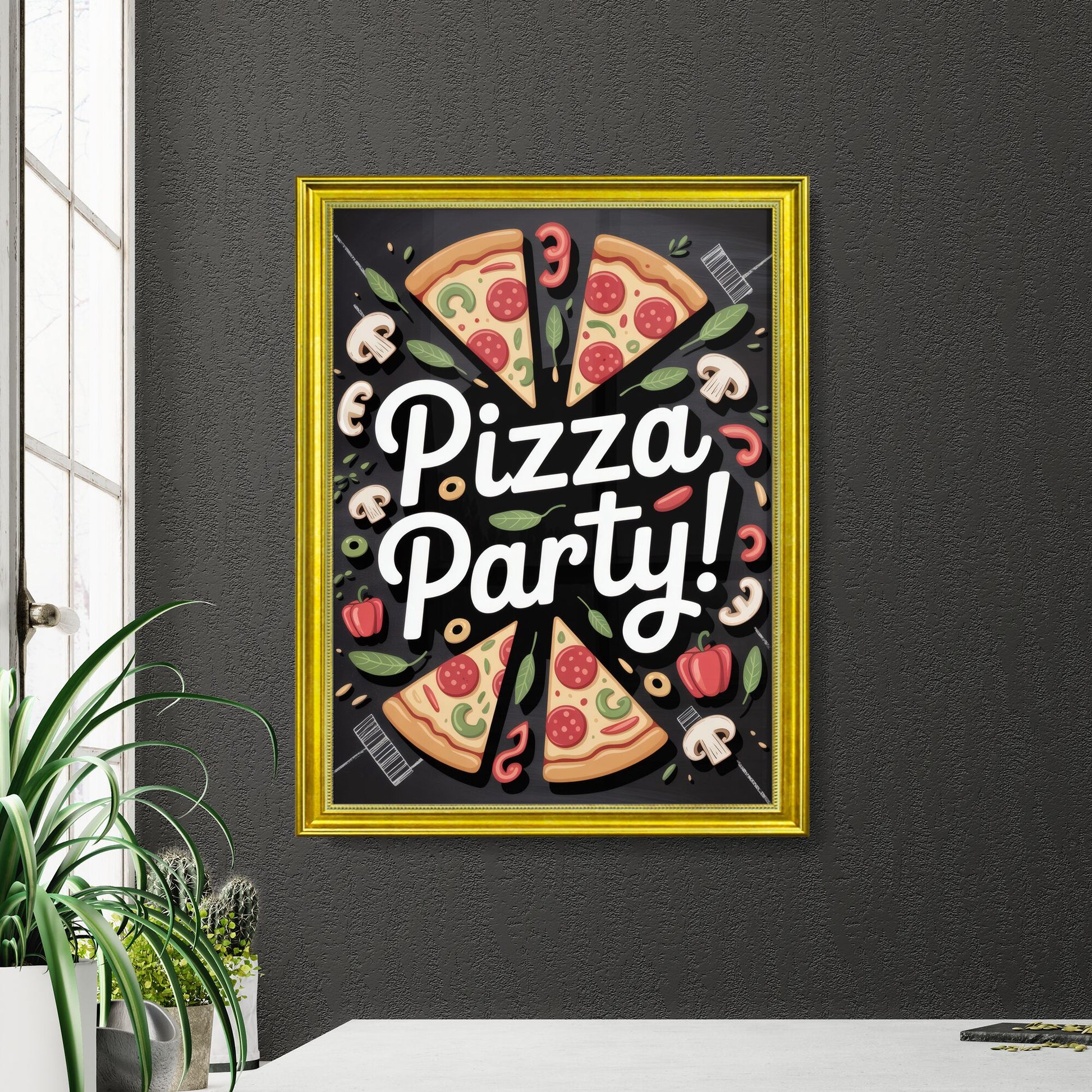 Fun and Engaging Pizza Party Celebration Illustration with Tasty Ingredients and Bold Typography.