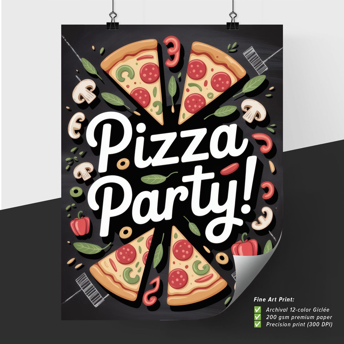 Fun and Engaging Pizza Party Celebration Illustration with Tasty Ingredients and Bold Typography.