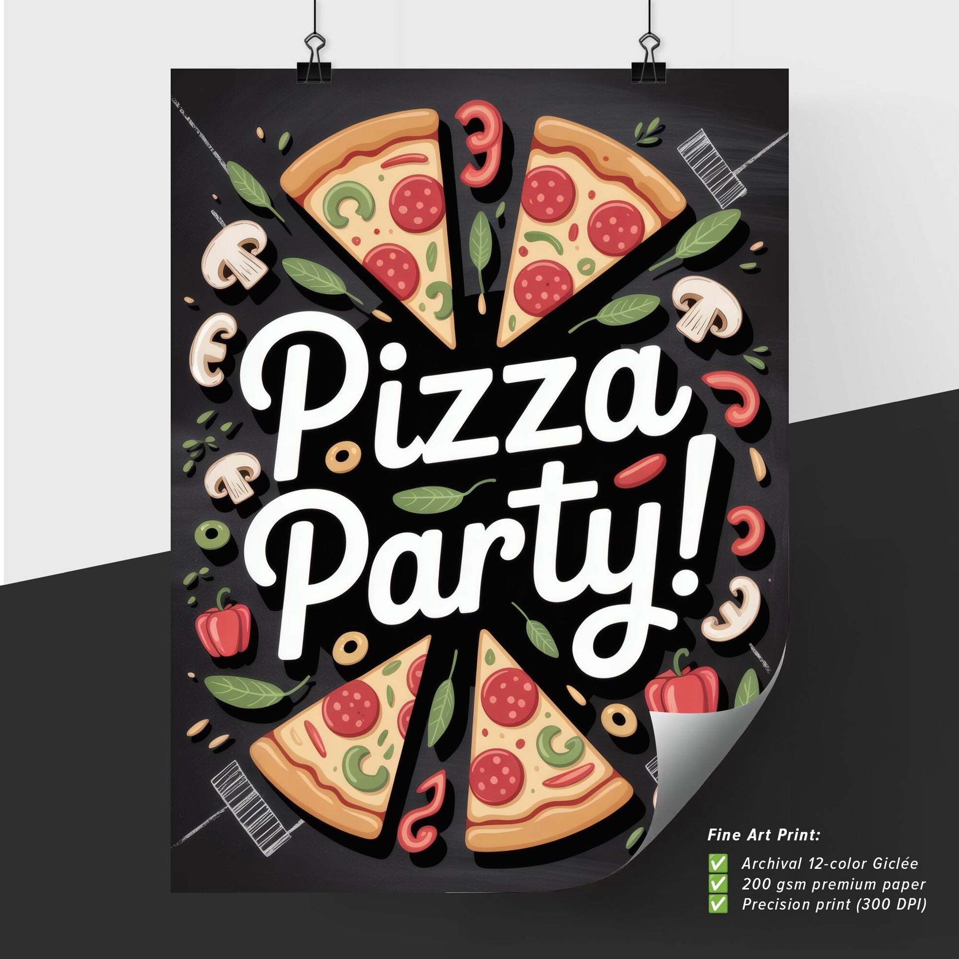 Fun and Engaging Pizza Party Celebration Illustration with Tasty Ingredients and Bold Typography.