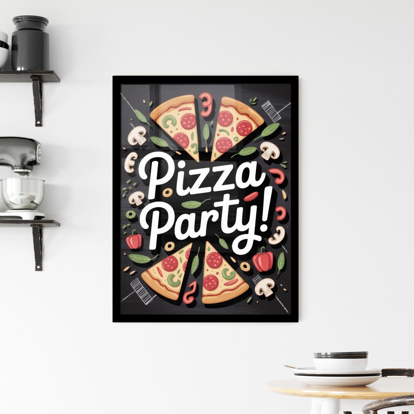 Fun and Engaging Pizza Party Celebration Illustration with Tasty Ingredients and Bold Typography. Framed Print