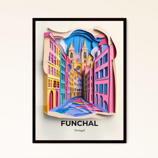 Vivid Funchal, Portugal - a paper cut of a city street with a clock tower