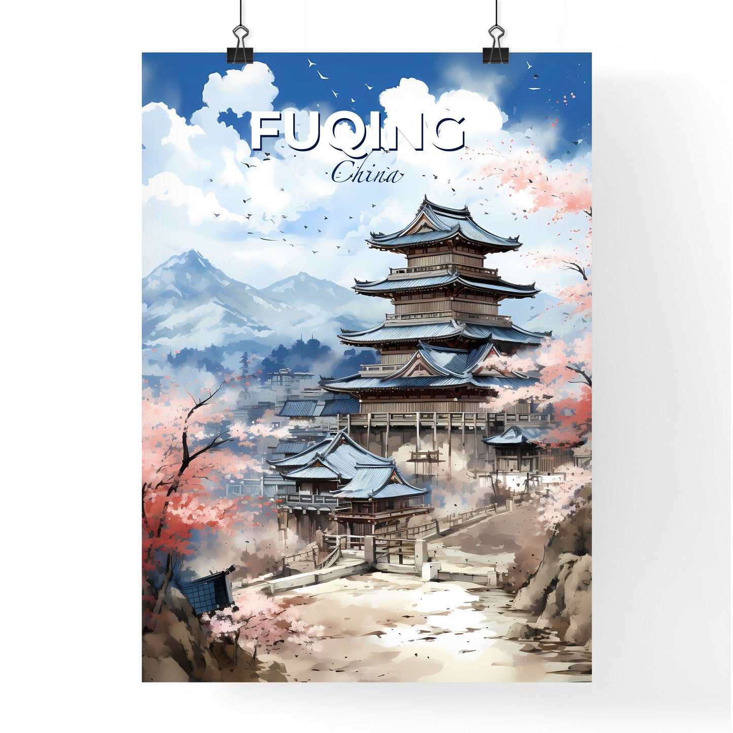 Colorful Skyline of Fuqing China Pagoda and Mountains Art Default Title