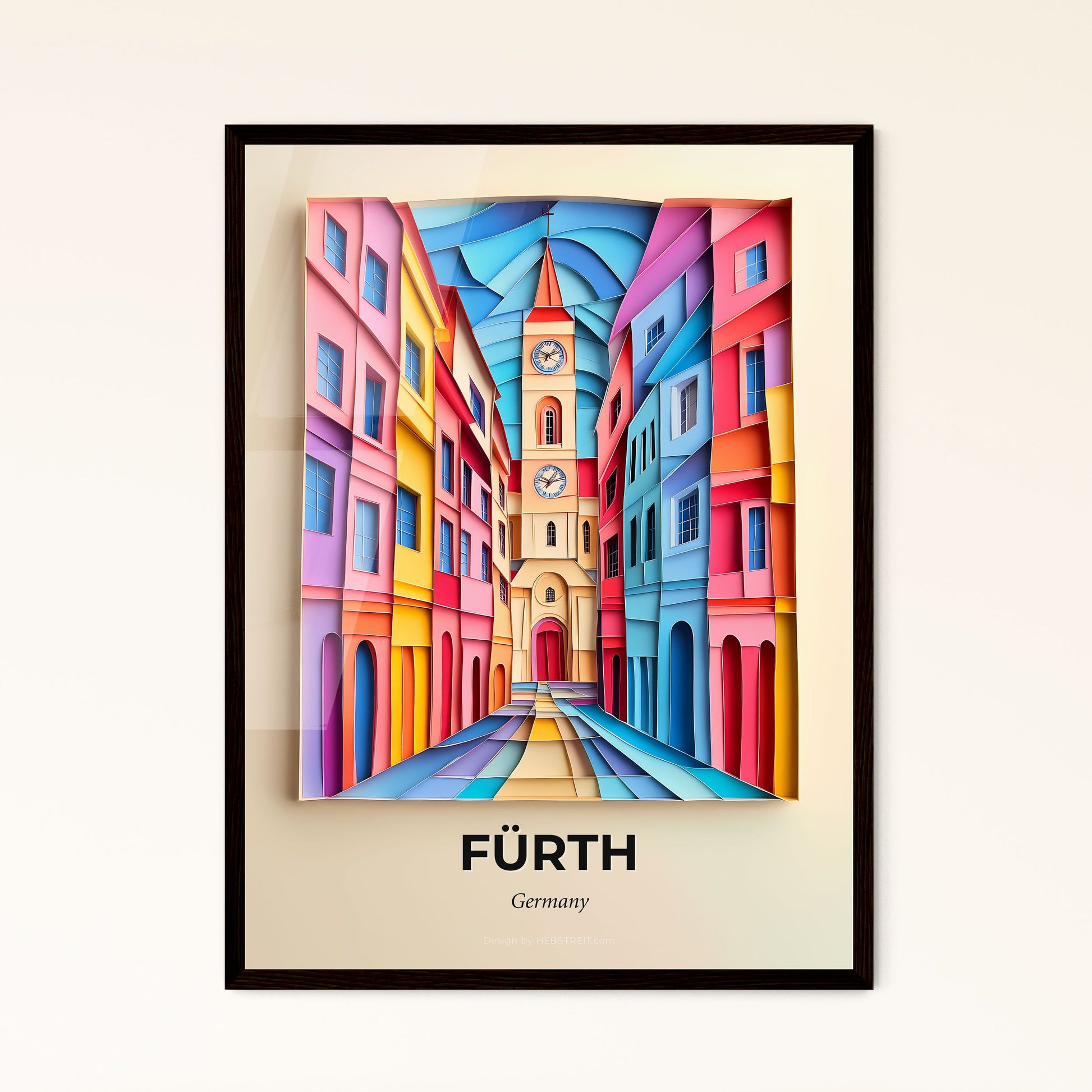 Vivid Furth, Germany - a painting of a colorful city with a clock tower